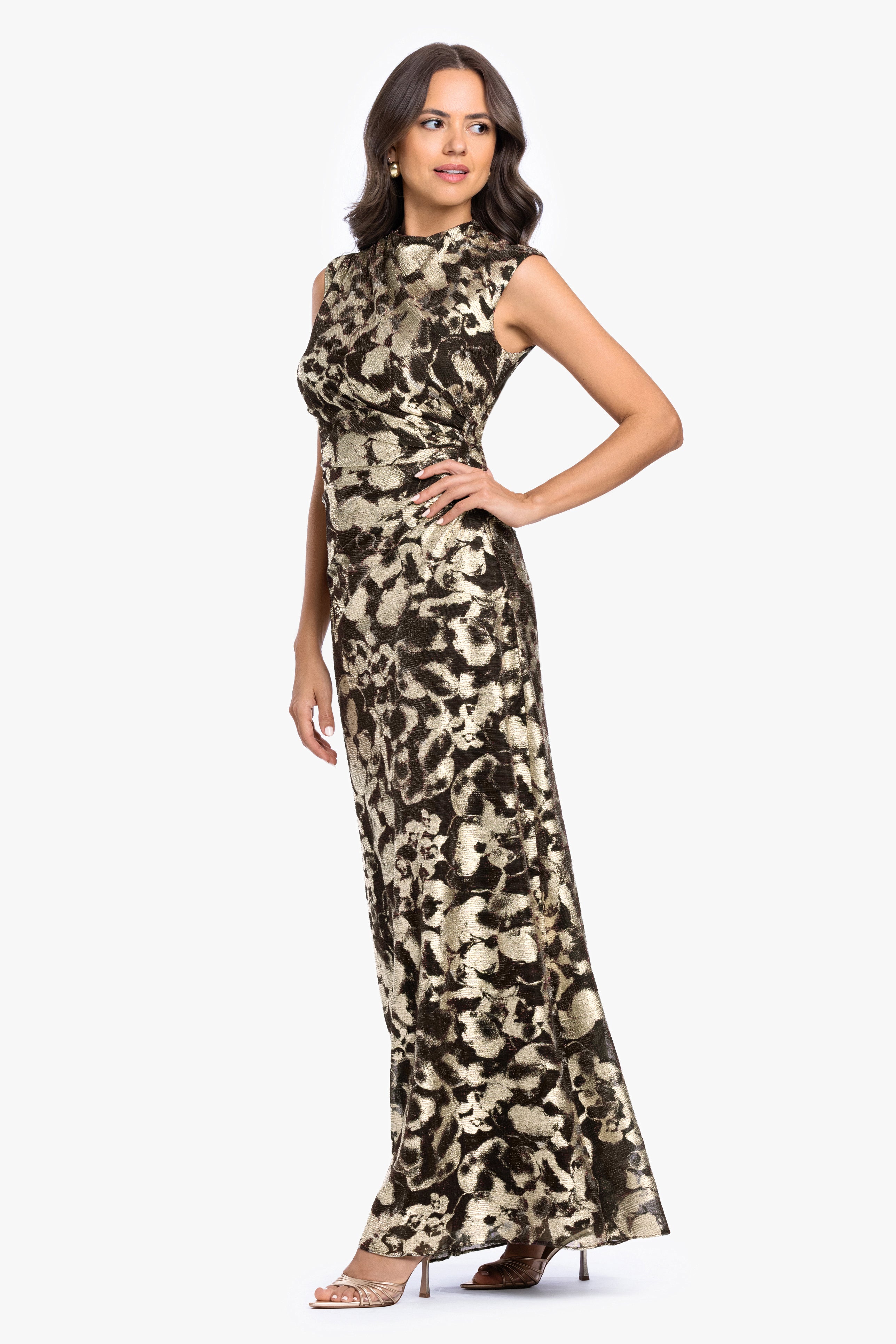 Petite "Cory" Metallic Print Ruched Dress