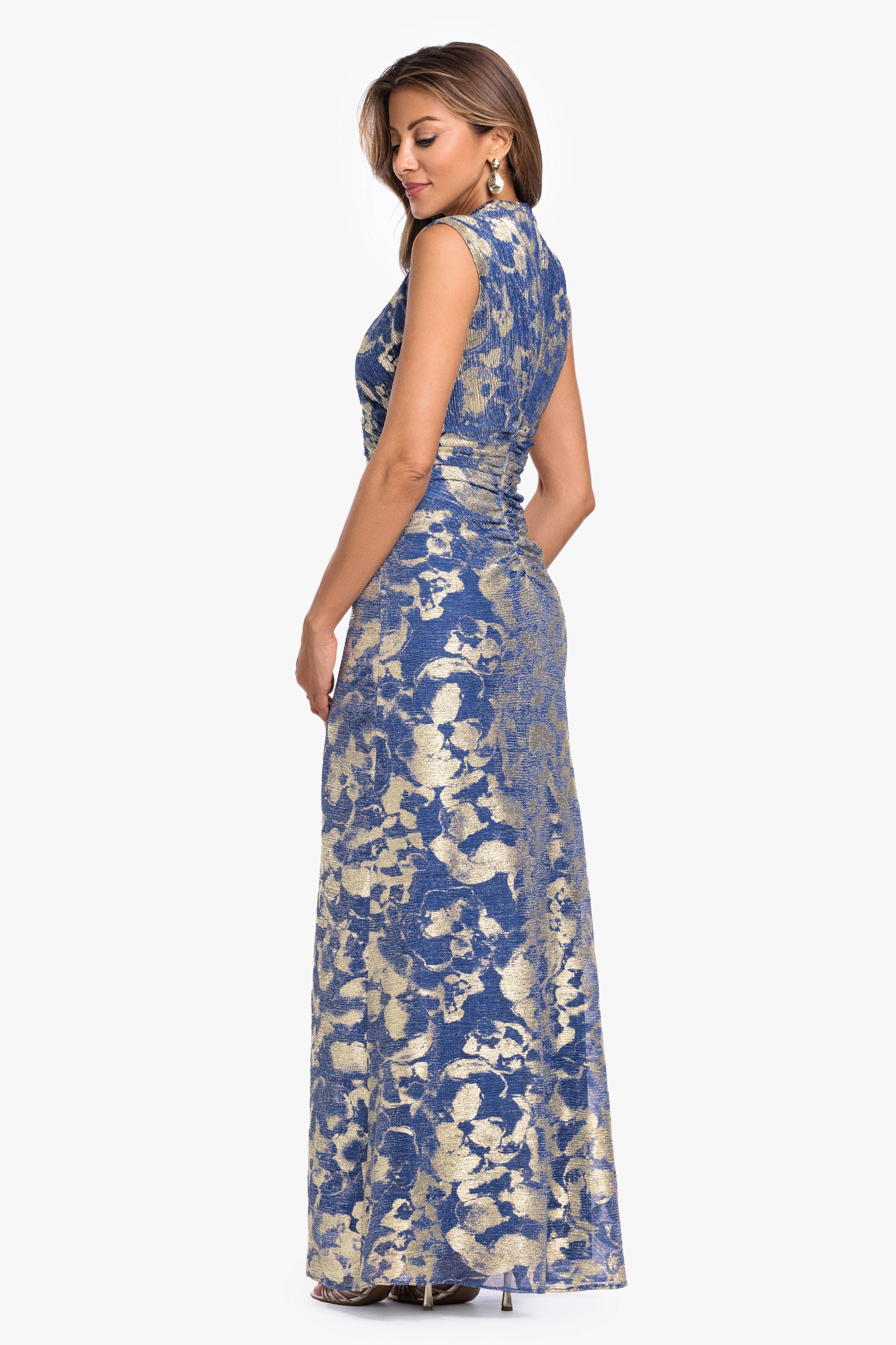 Petite Cory Metallic Print Ruched Dress in slate and gold, back view