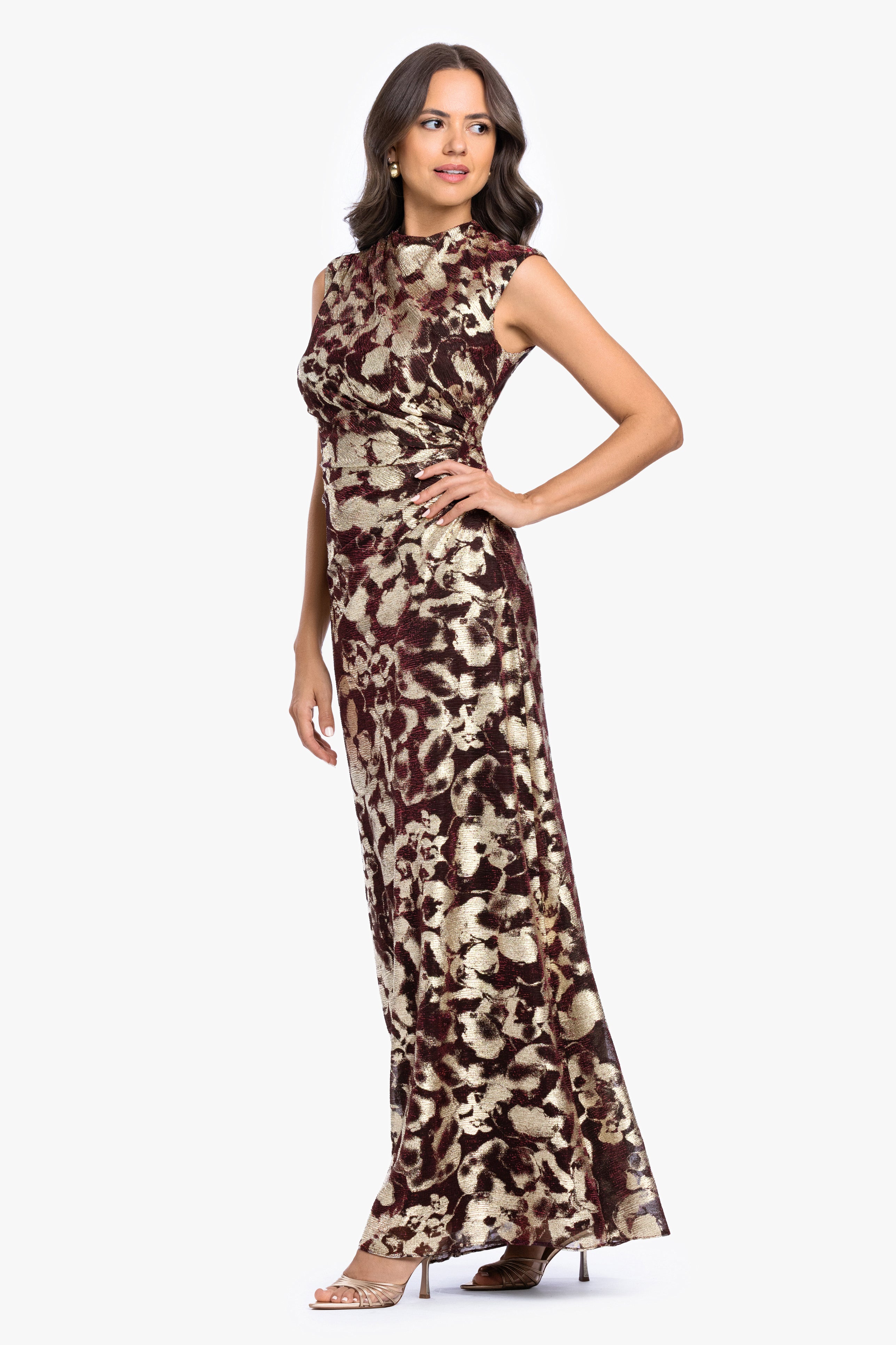 Petite "Cory" Metallic Print Ruched Dress