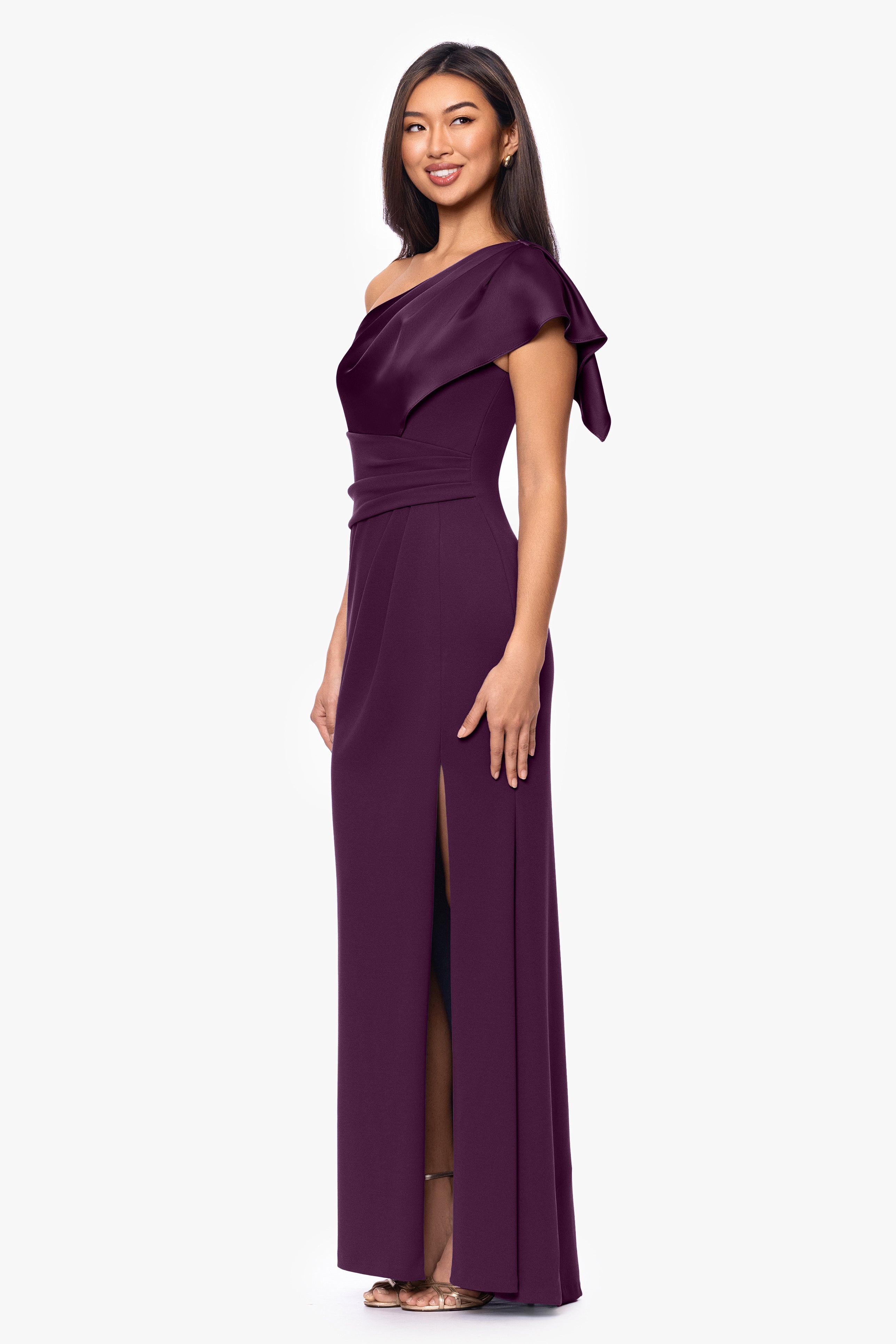 "Jules" Scuba Crepe and Satin One Shoulder Floor Length Dress