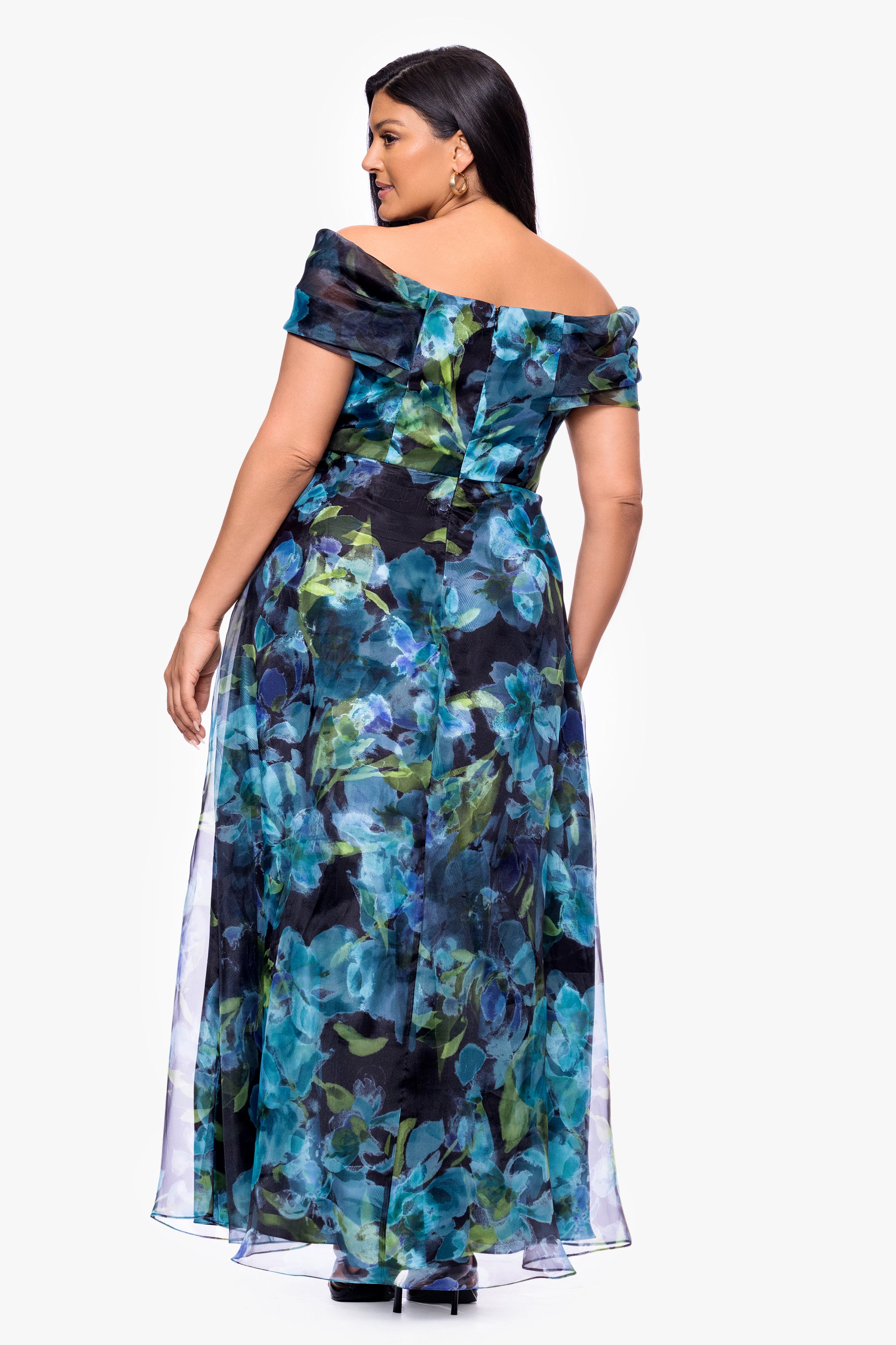 Plus "Tiffany" Organza Printed Off The Shoulder Floor Length Dress
