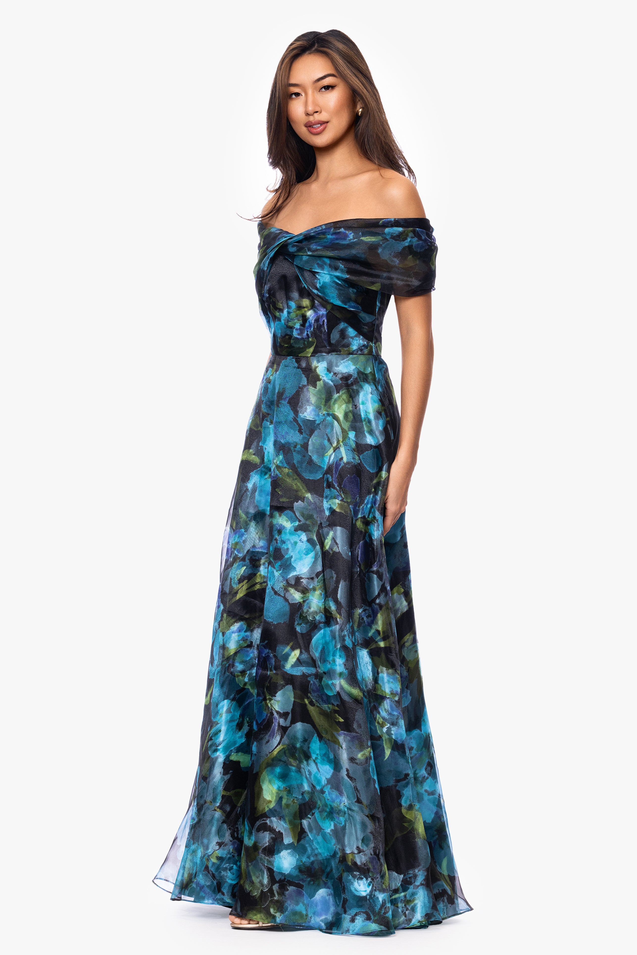 "Tiffany" Organza Printed Off The Shoulder Floor Length Dress