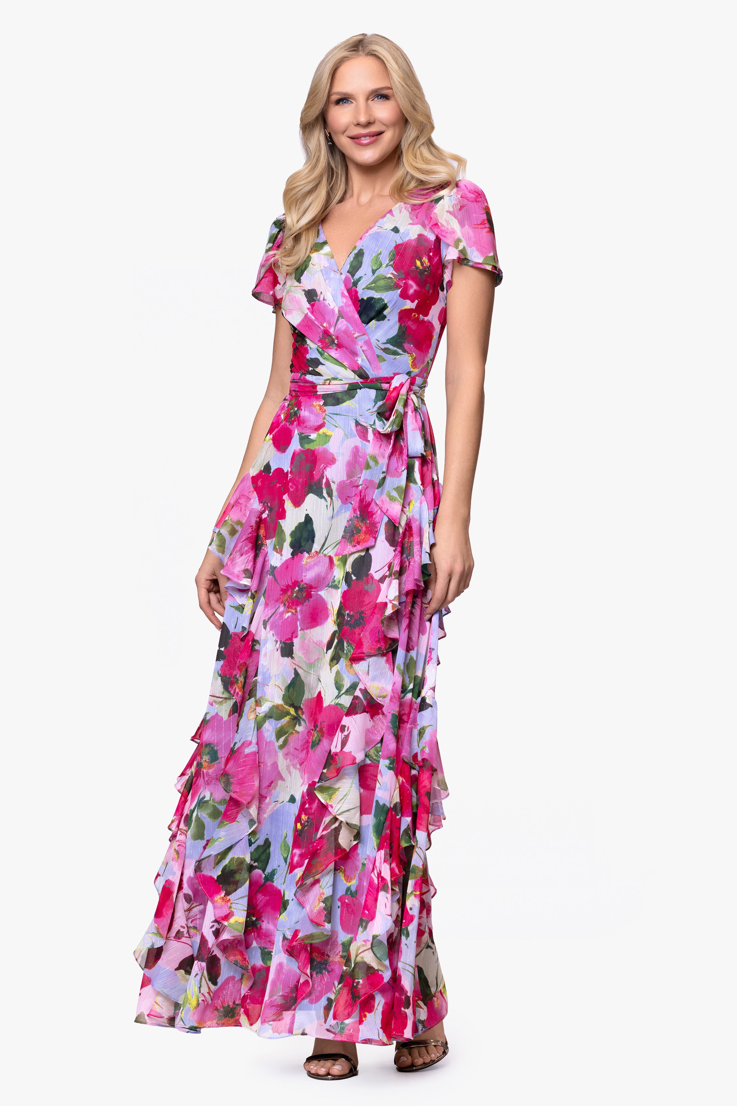 Petite "Margot" Chiffon Print Ruffle Wrap Floor Length Dress