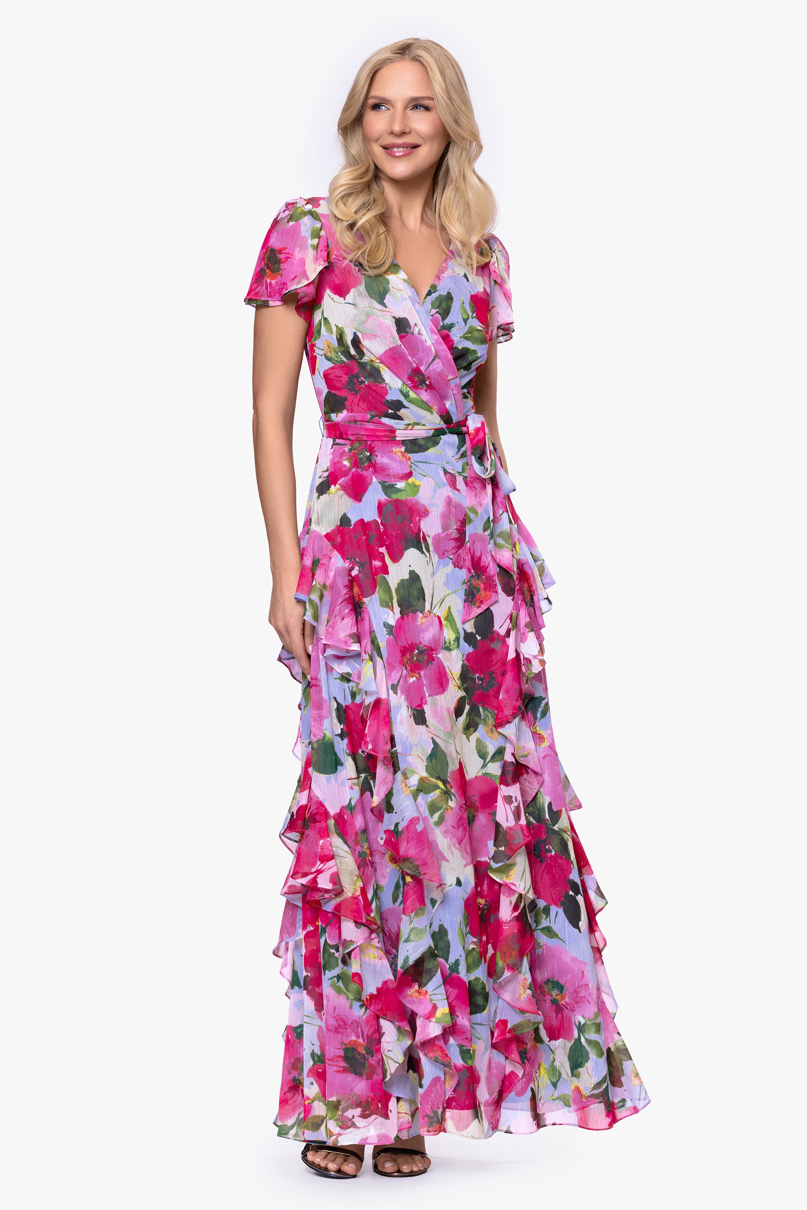 Petite "Margot" Chiffon Print Ruffle Wrap Floor Length Dress
