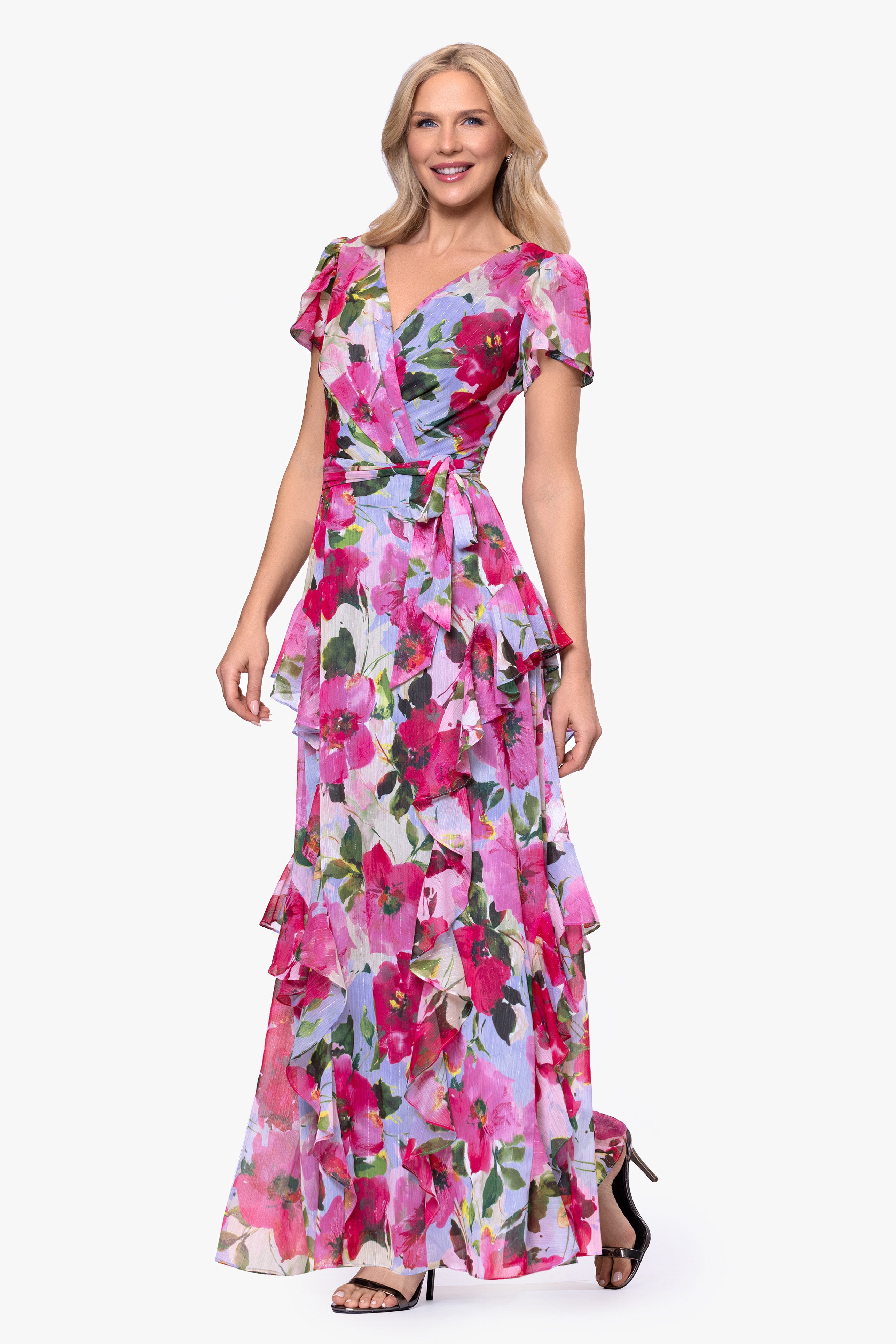 Petite "Margot" Chiffon Print Ruffle Wrap Floor Length Dress