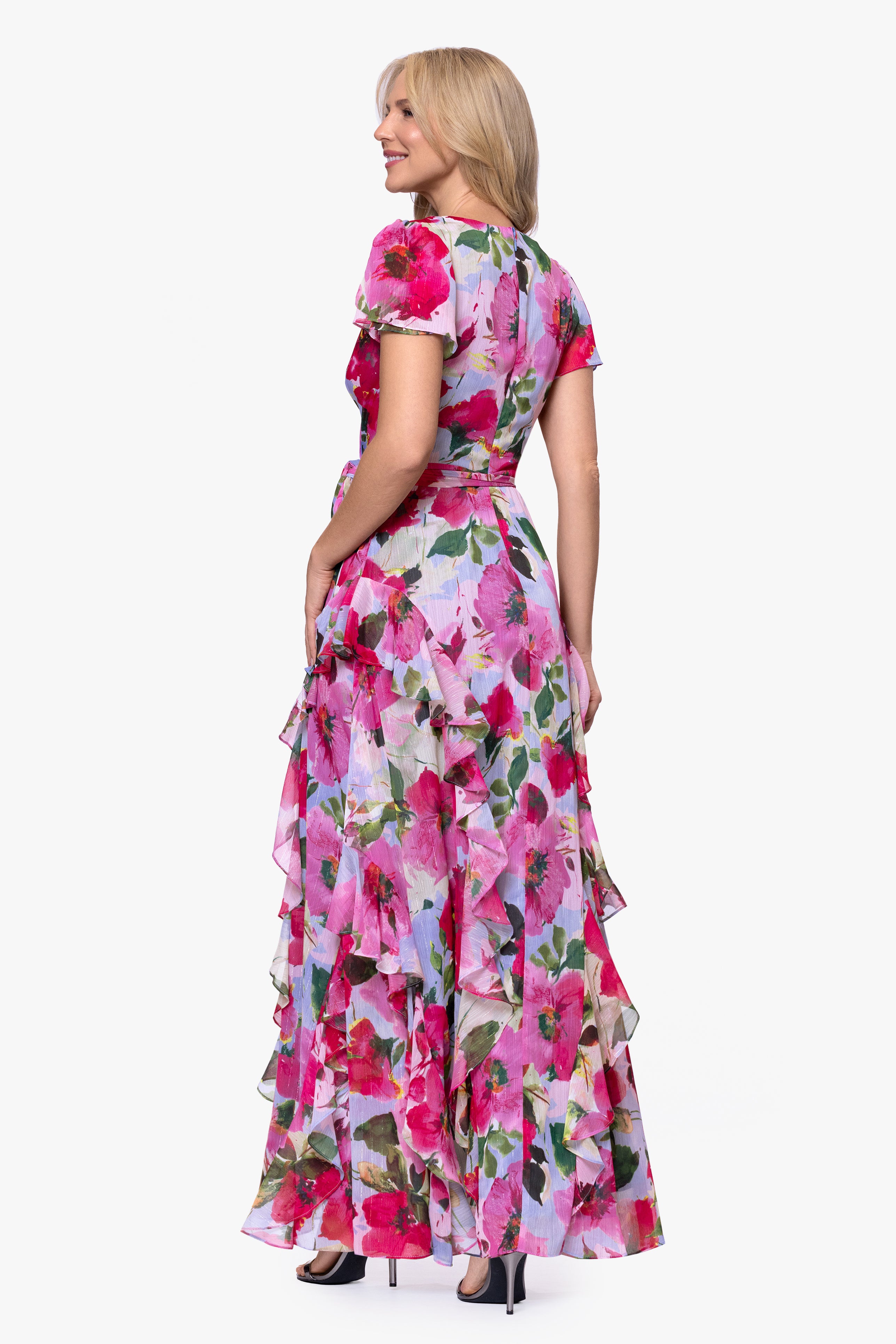 Petite "Margot" Chiffon Print Ruffle Wrap Floor Length Dress