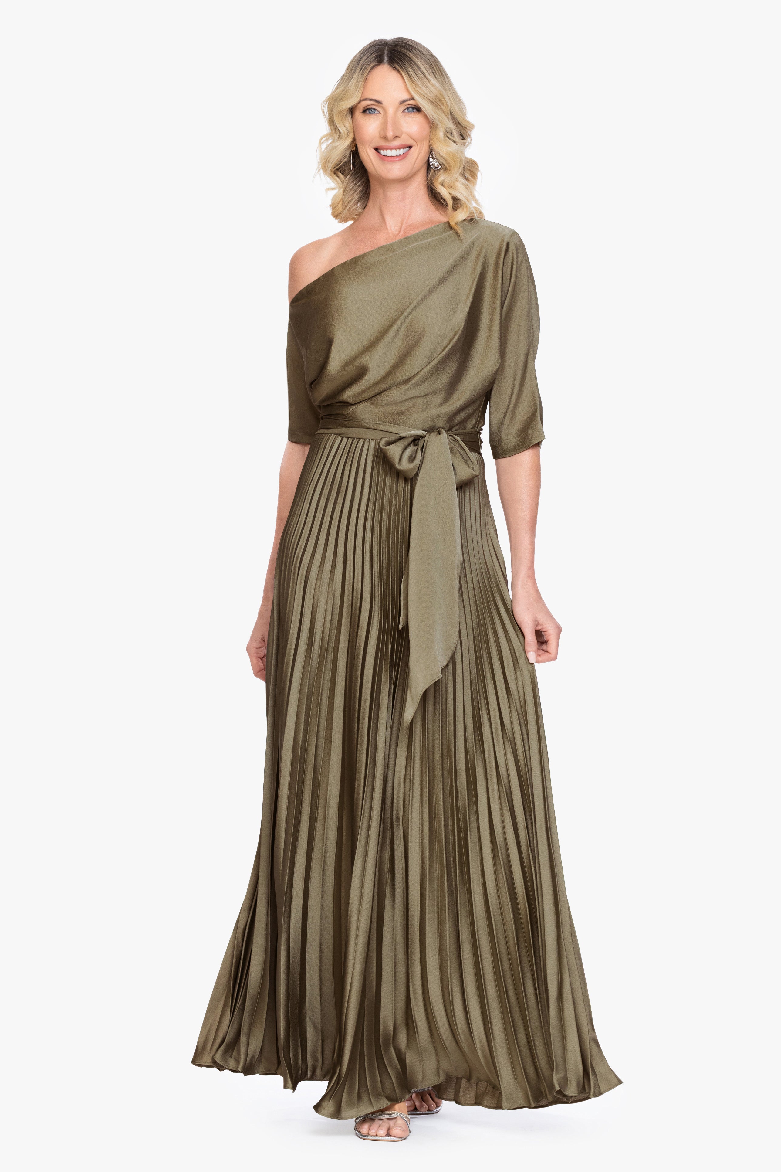 "Leah" Pleated Hammered Satin Off The Shoulder Belted Dress