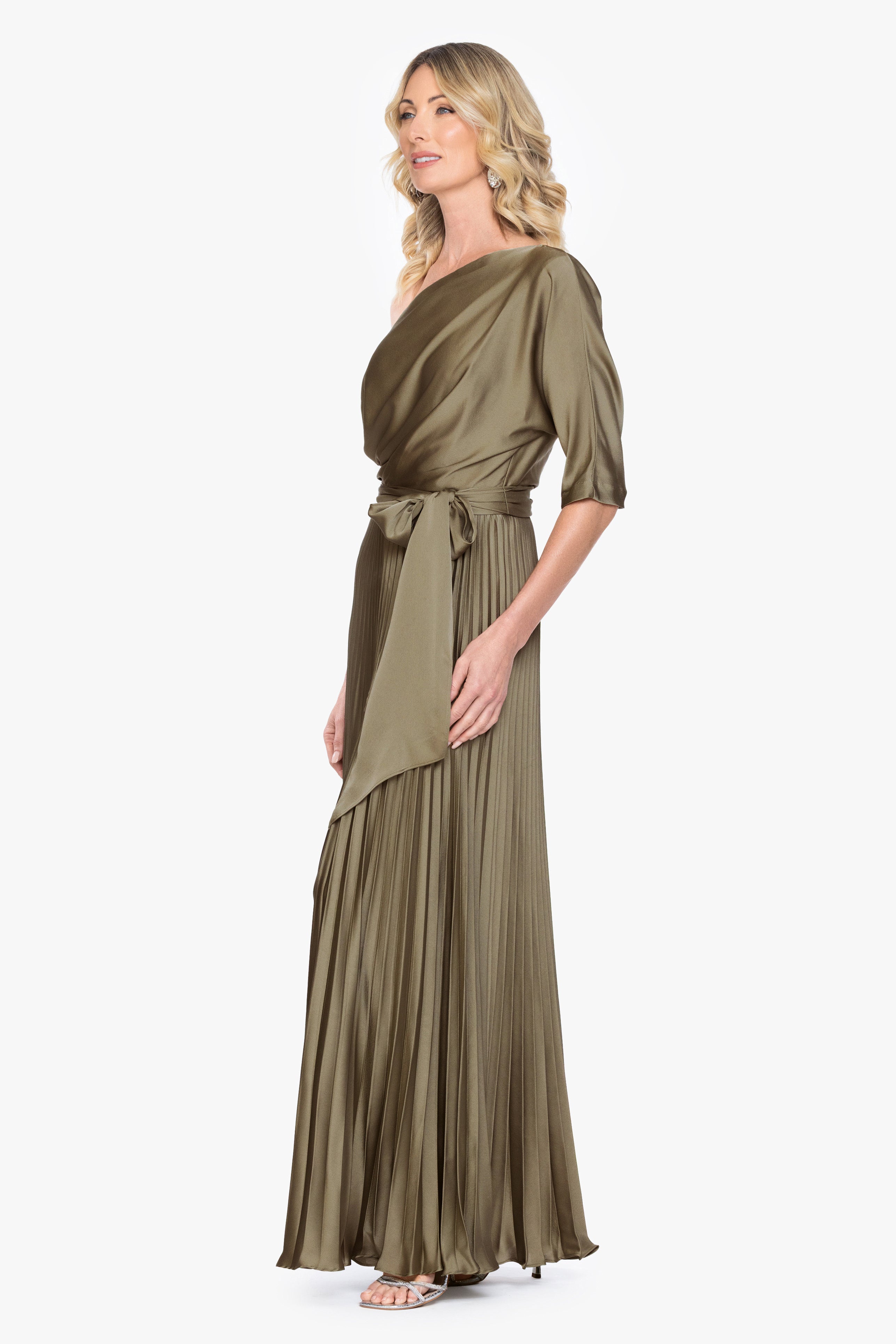 "Leah" Pleated Hammered Satin Off The Shoulder Belted Dress