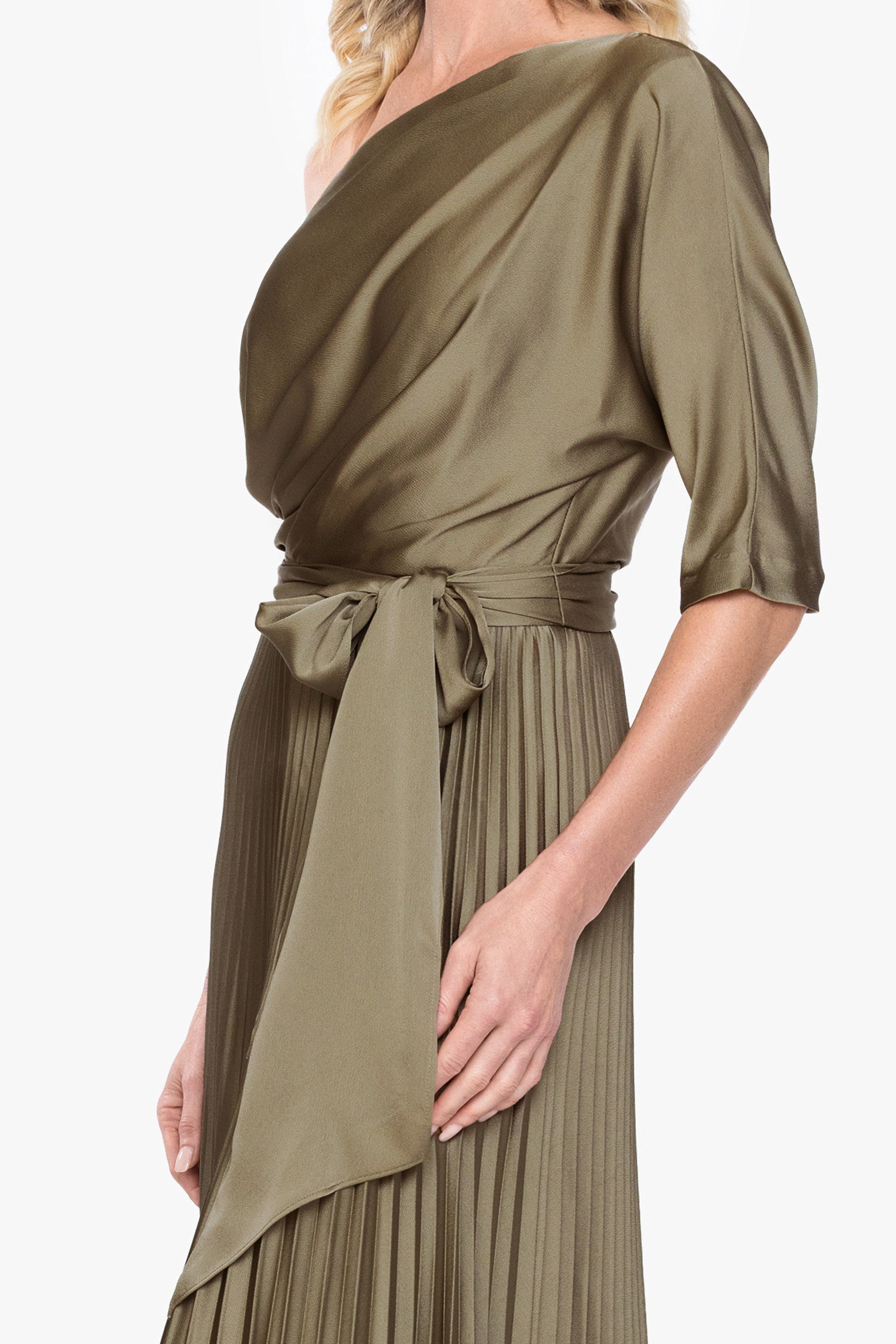 "Leah" Pleated Hammered Satin Off The Shoulder Belted Dress