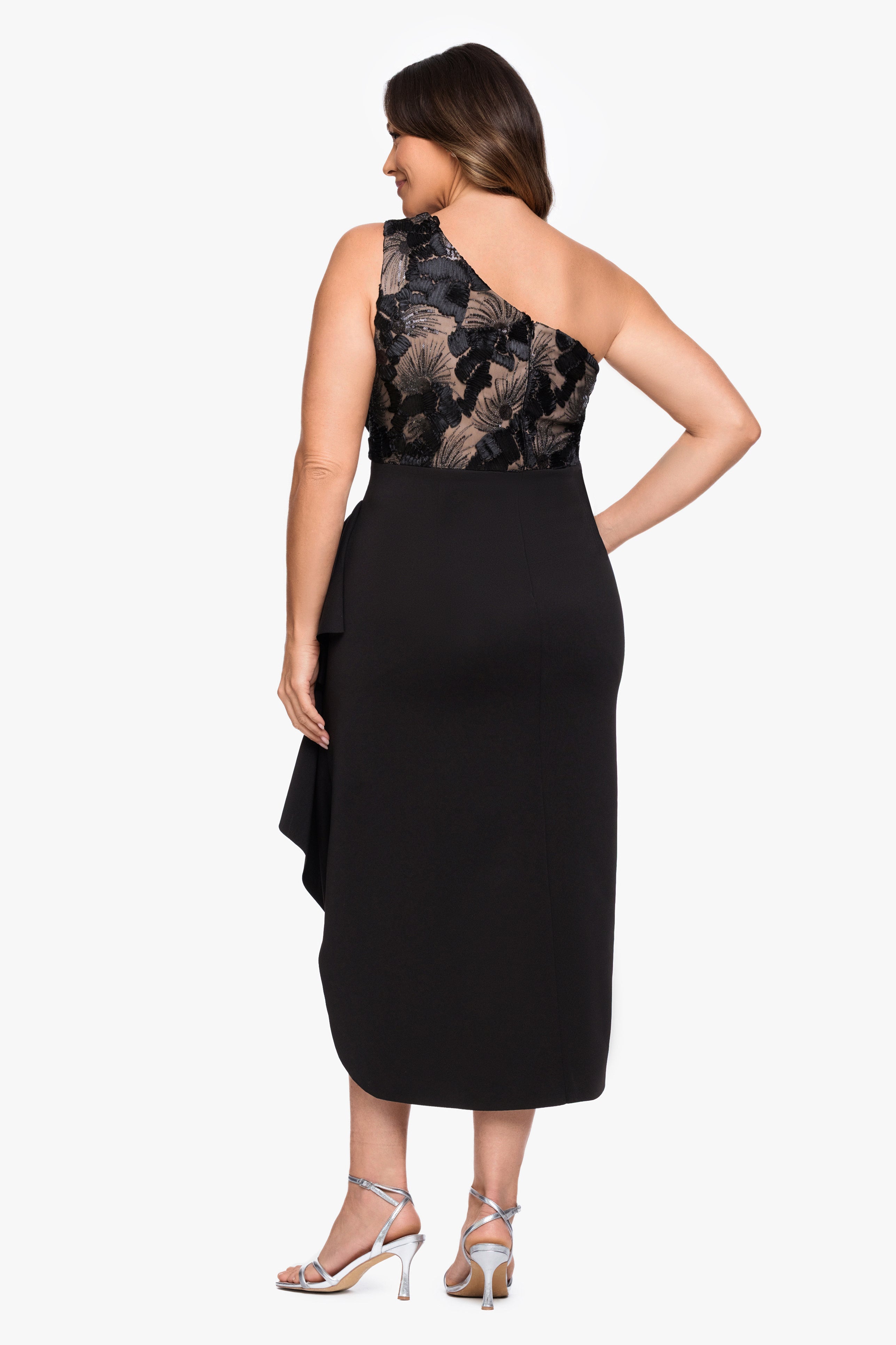 "Dahlia" Plus Soutache & Scuba One Shoulder Ruffle Skirt Midi