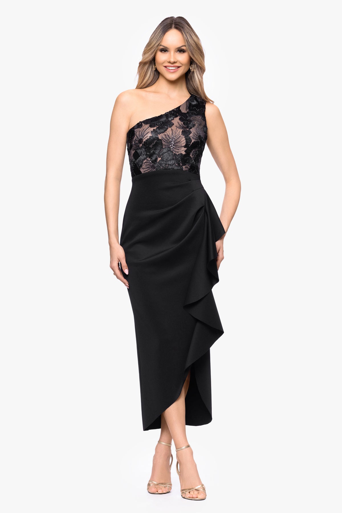 Petite "Dahlia" Soutache & Scuba One Shoulder Ruffle Skirt Midi Dress