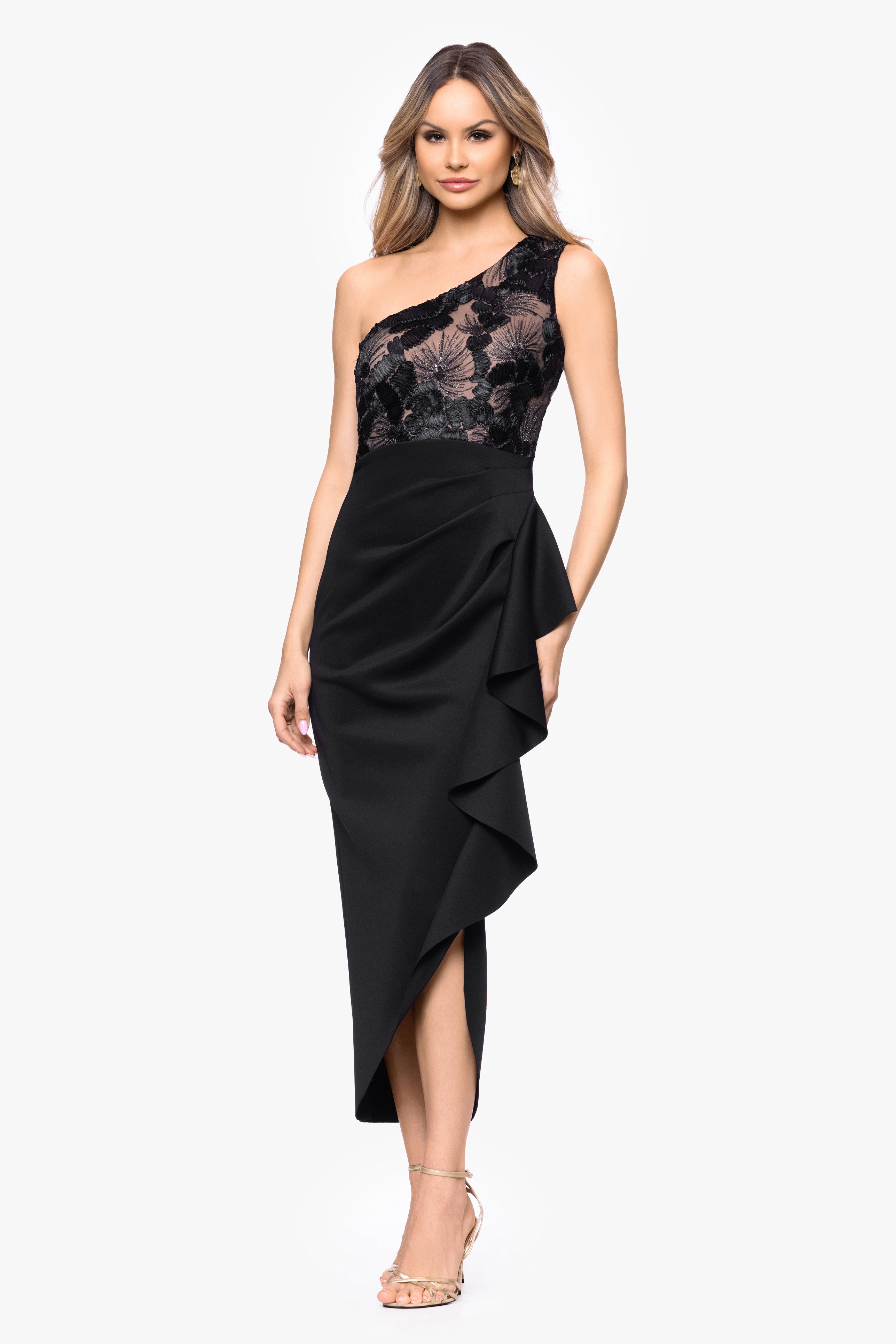 "Dahlia" Soutache Scuba One Shoulder Ruffle Skirt Midi Dress