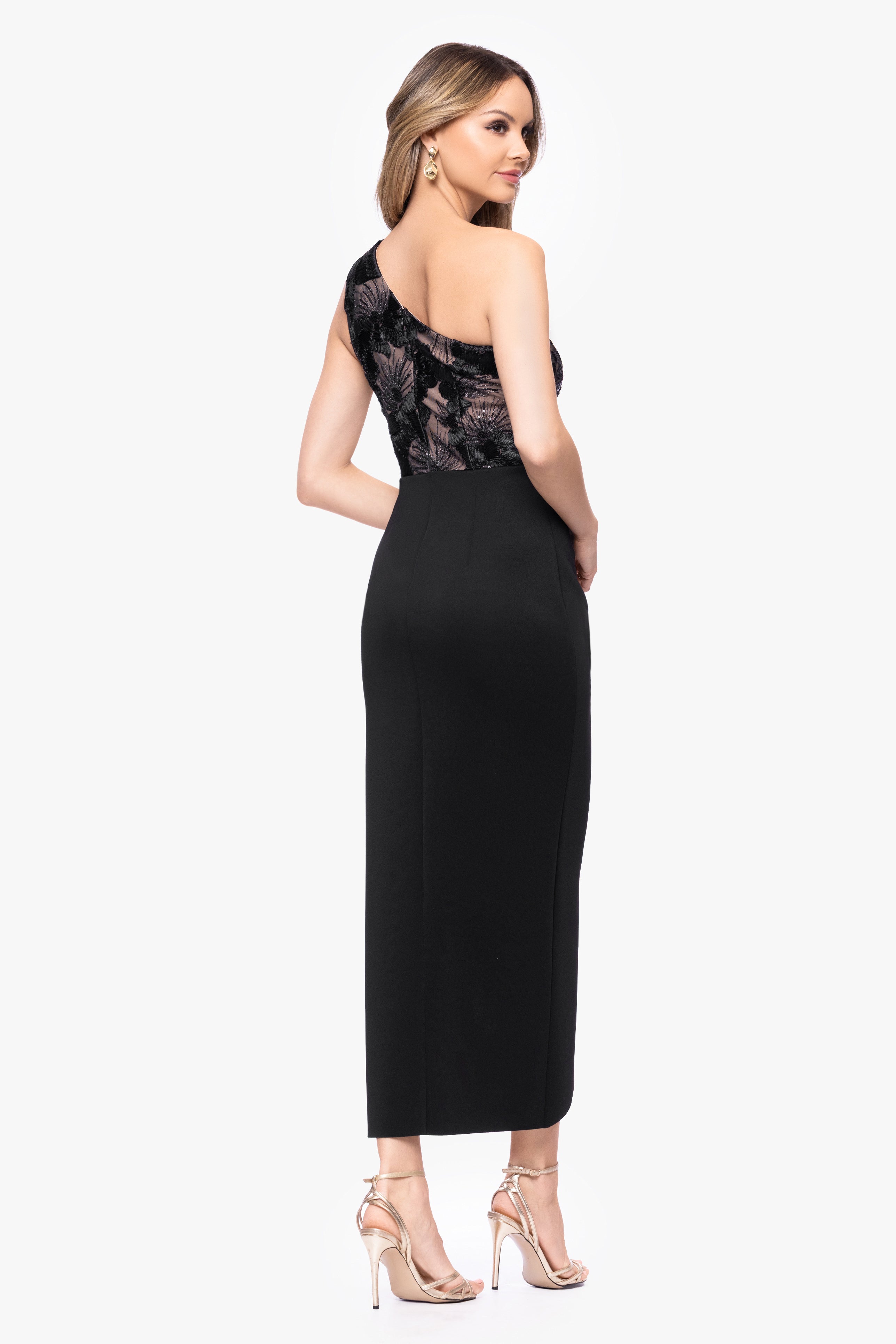 "Dahlia" Soutache Scuba One Shoulder Ruffle Skirt Midi Dress