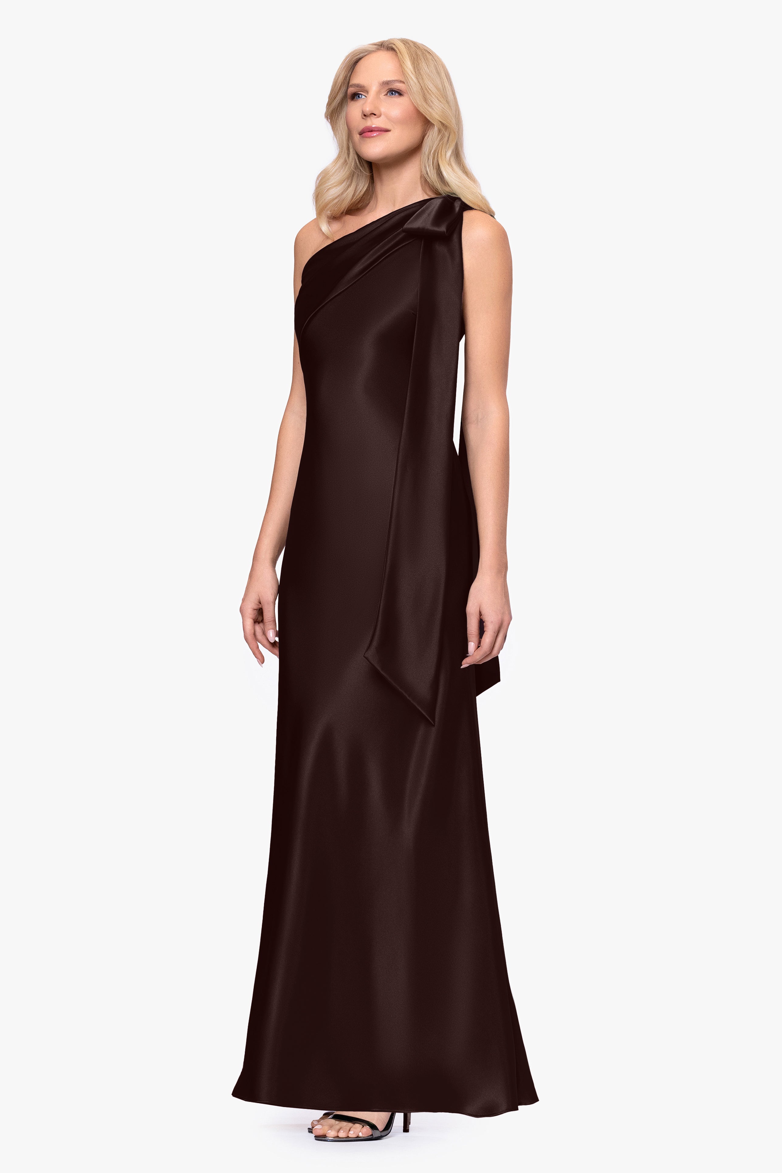 Petite "Dove" Satin One Shoulder Bow Dress
