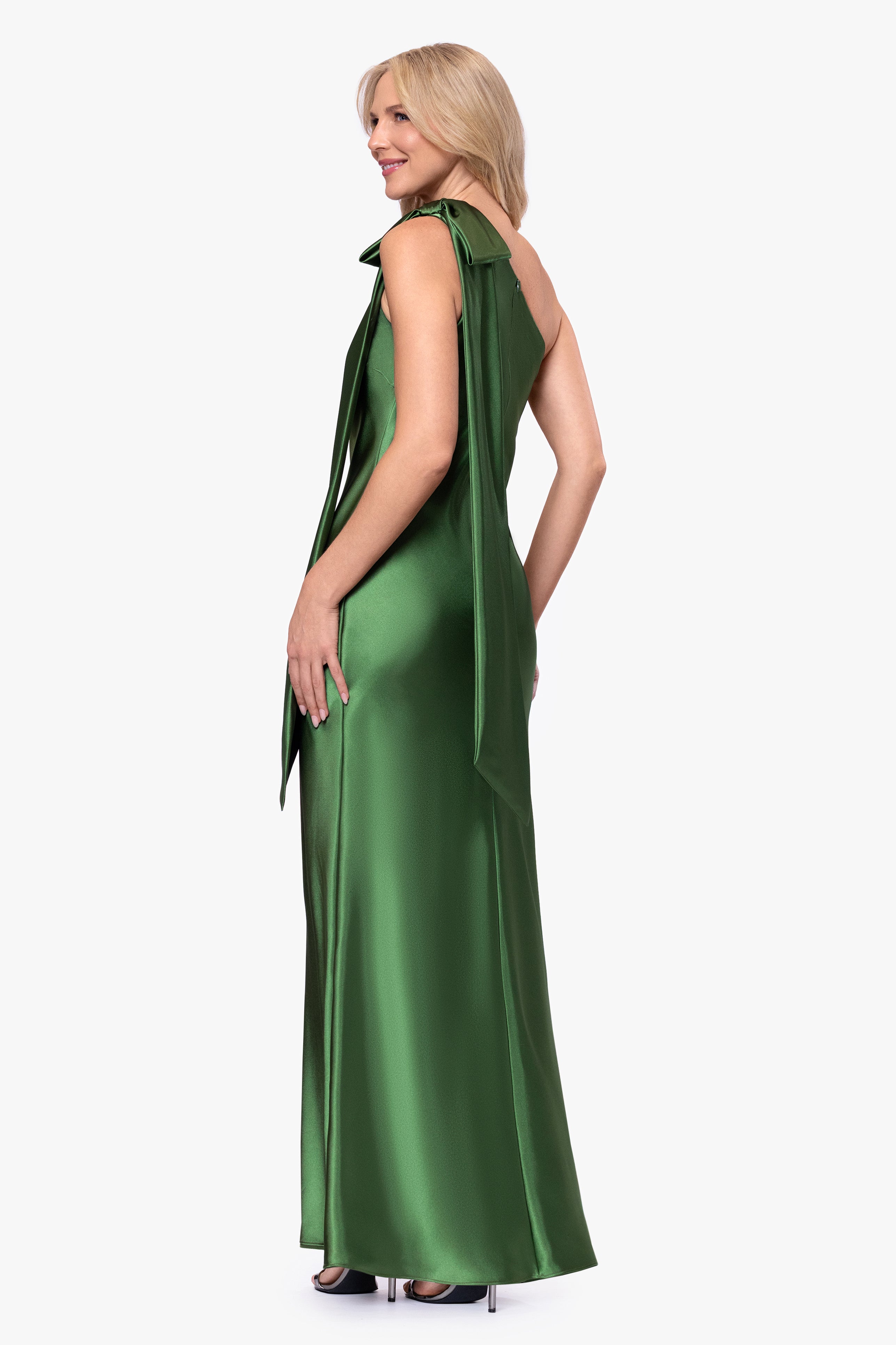 "Dove" Satin One-Shoulder Bow Long Dress