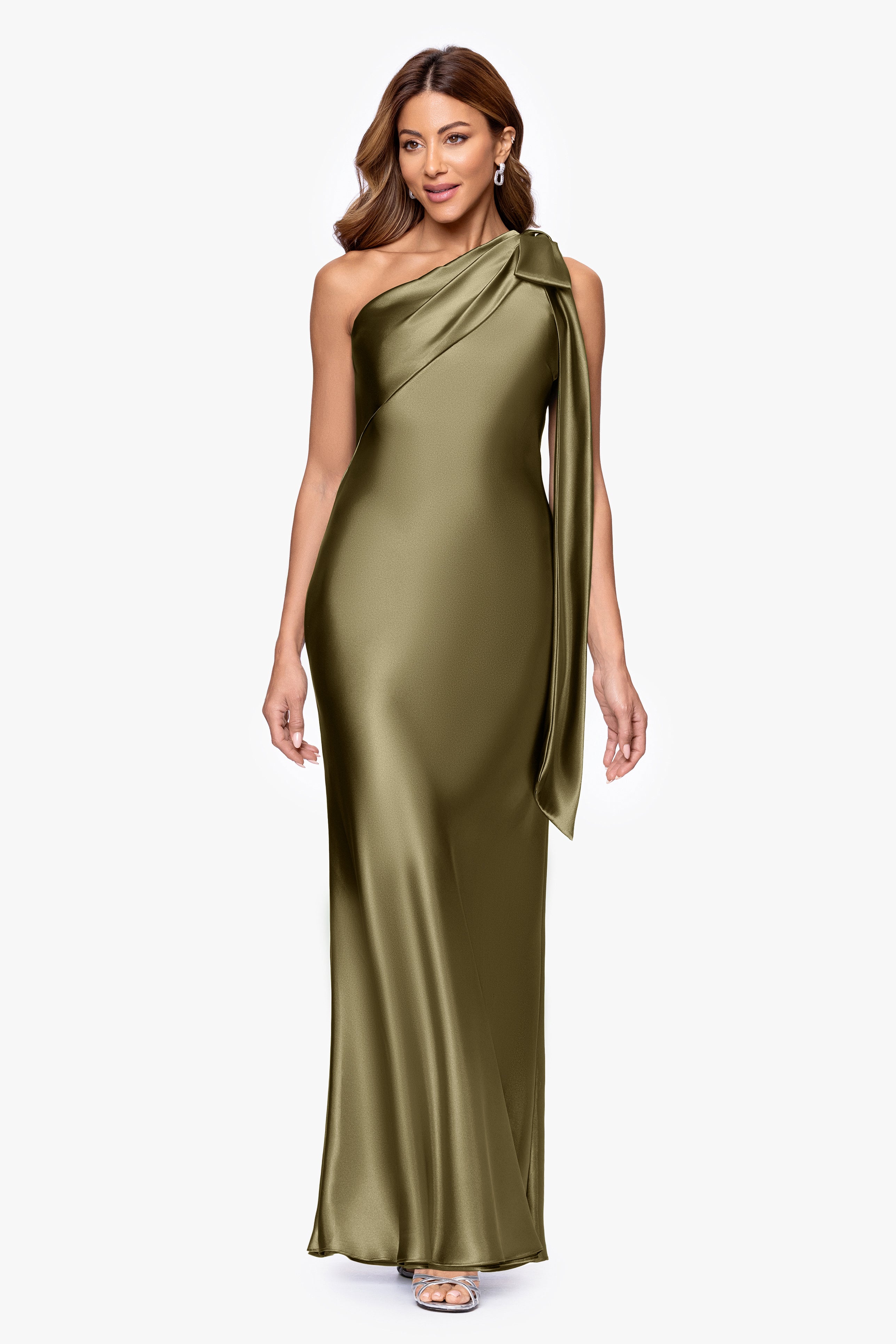 Petite "Dove" Satin One Shoulder Bow Dress