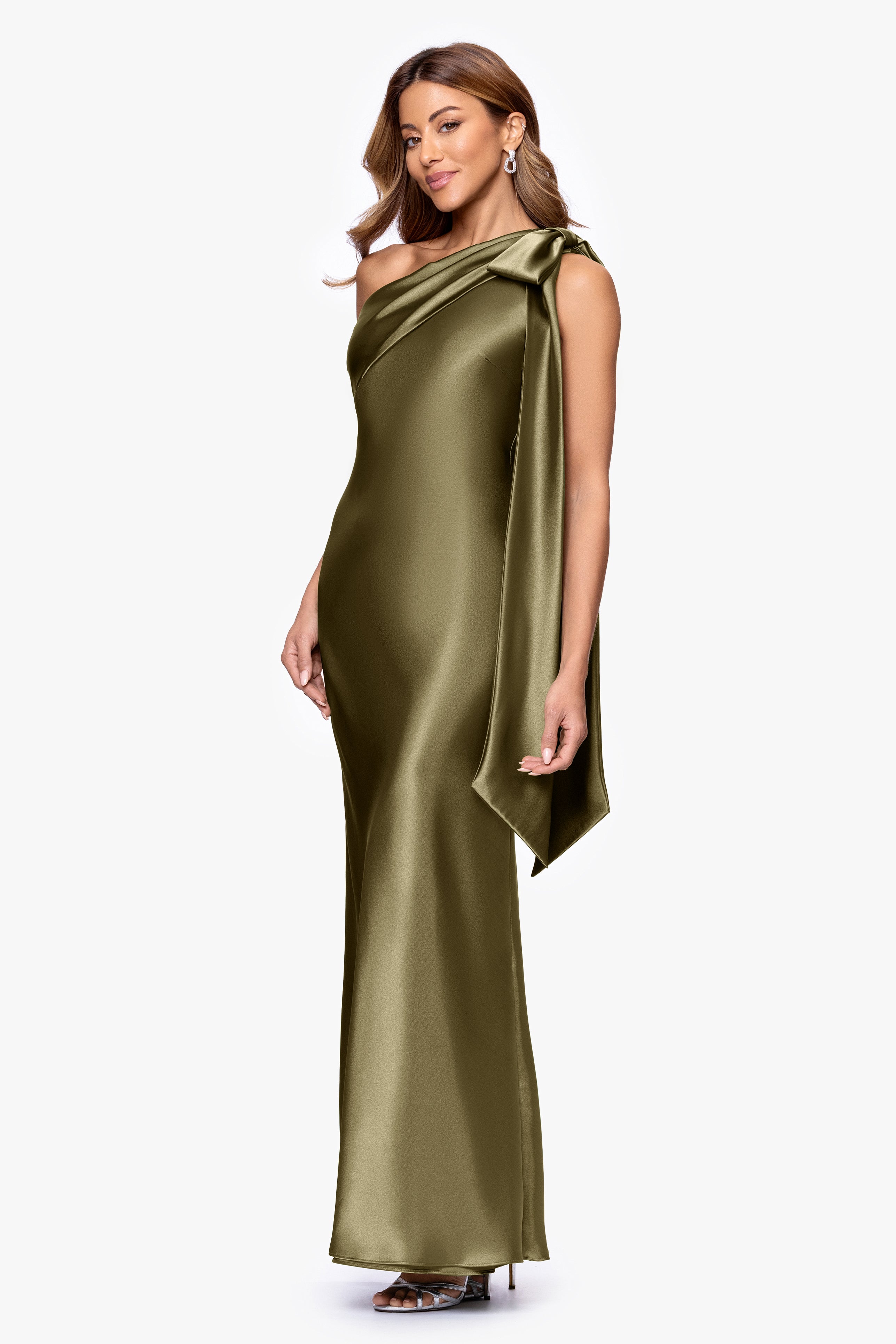 Petite "Dove" Satin One Shoulder Bow Dress
