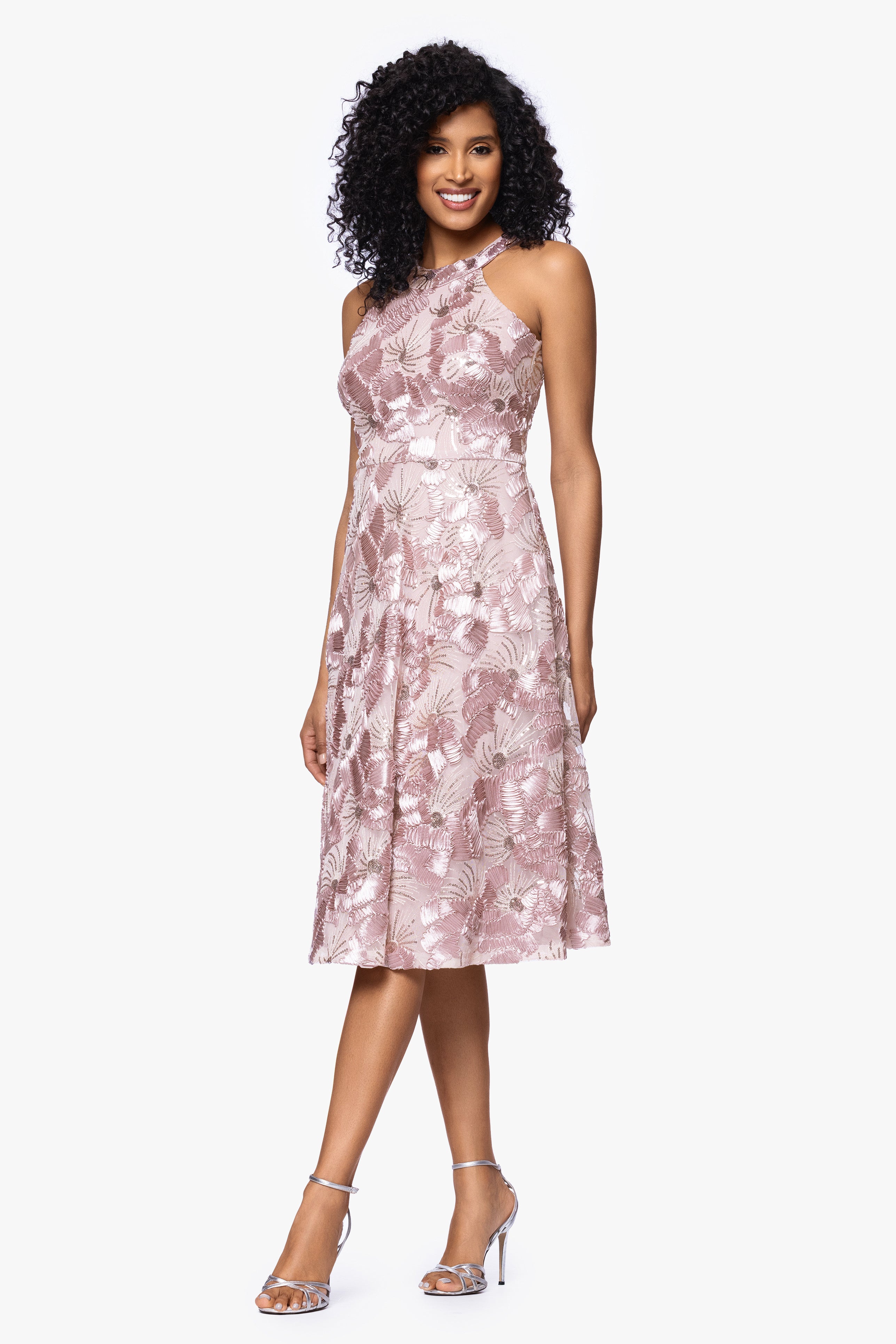 Betsy & Adam Women's Sleeveless Halter Soutache Sequin Dress, Champagne, 16