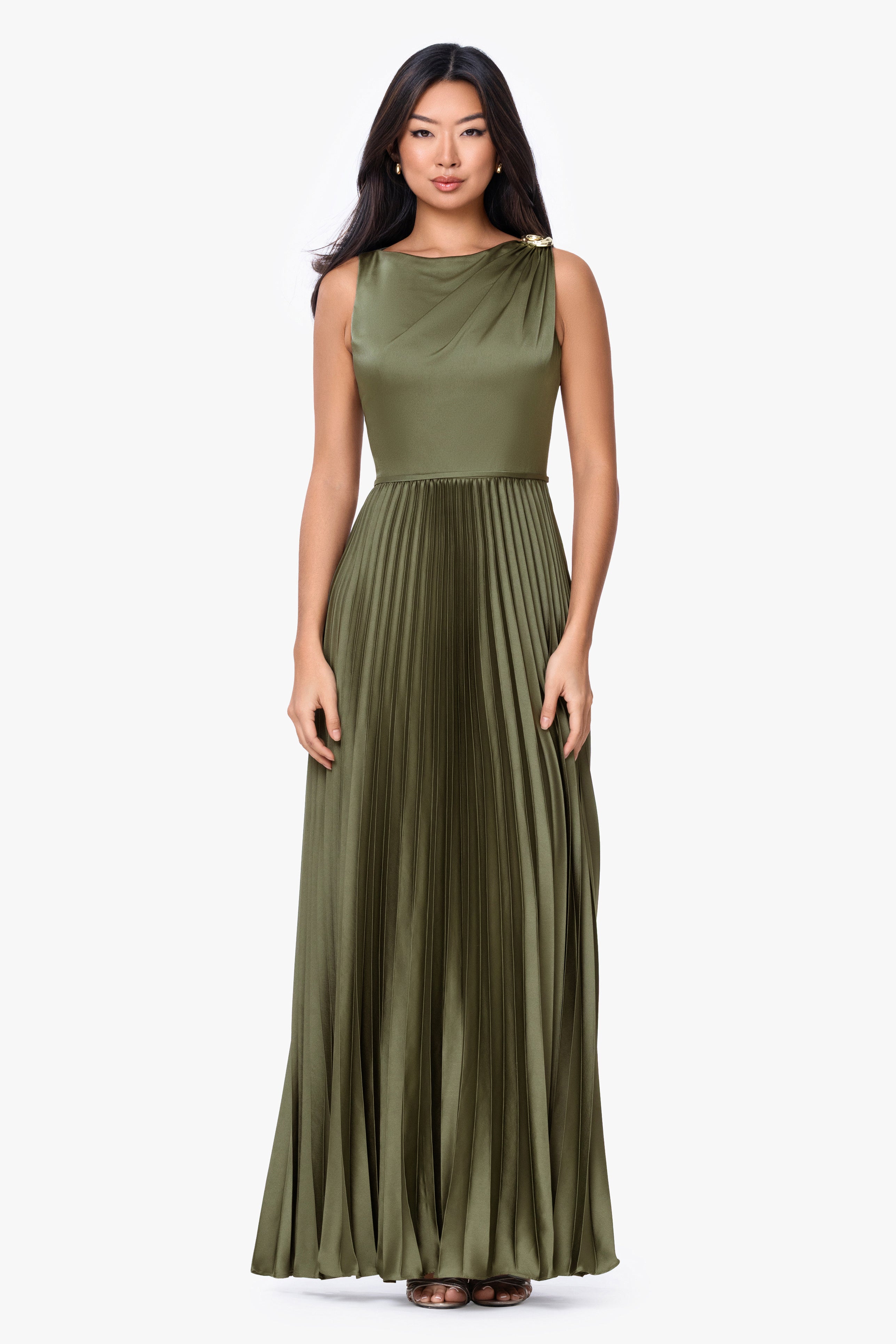 Betsy Adam Long Stretch Charmeuse Pleated Gown, Womens, 14, Olive Betsy Adam Long Stretch Charmeuse Pleated Gown, Womens, 14, Olive