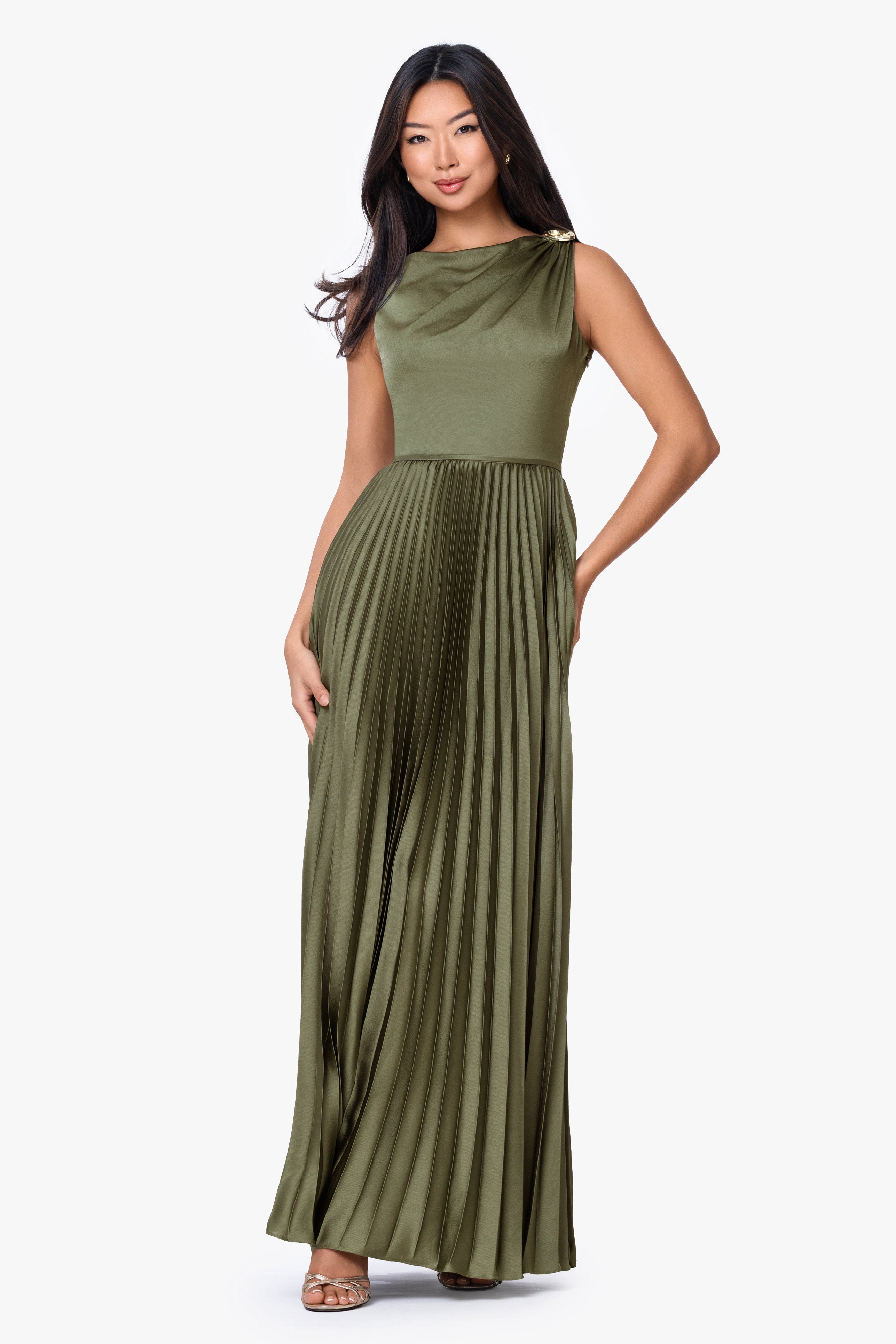 "Brielle" Satin Pleated Trim Dress