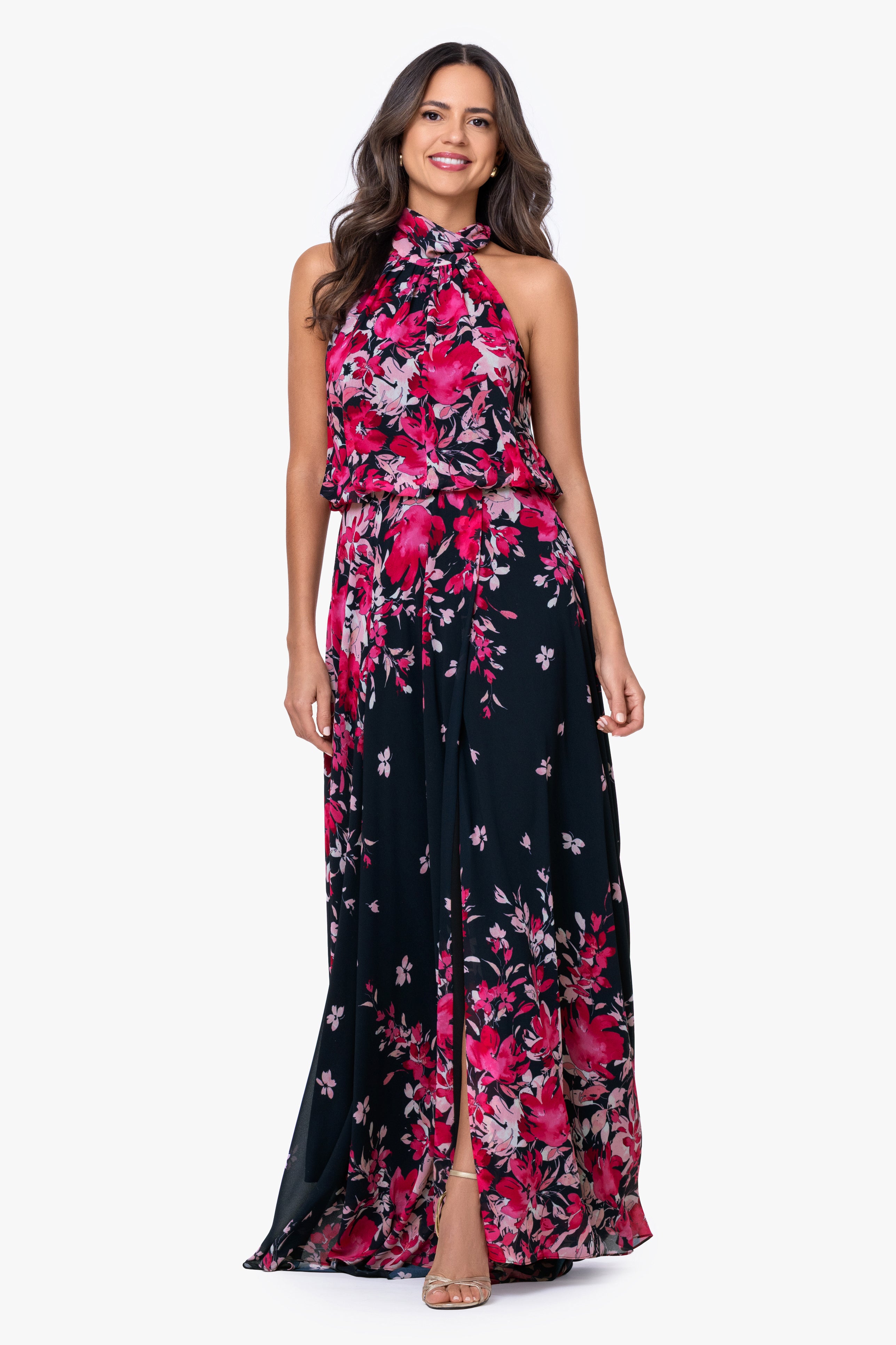 Felicity" Chiffon Floral Print Long Dress | Betsy & Adam