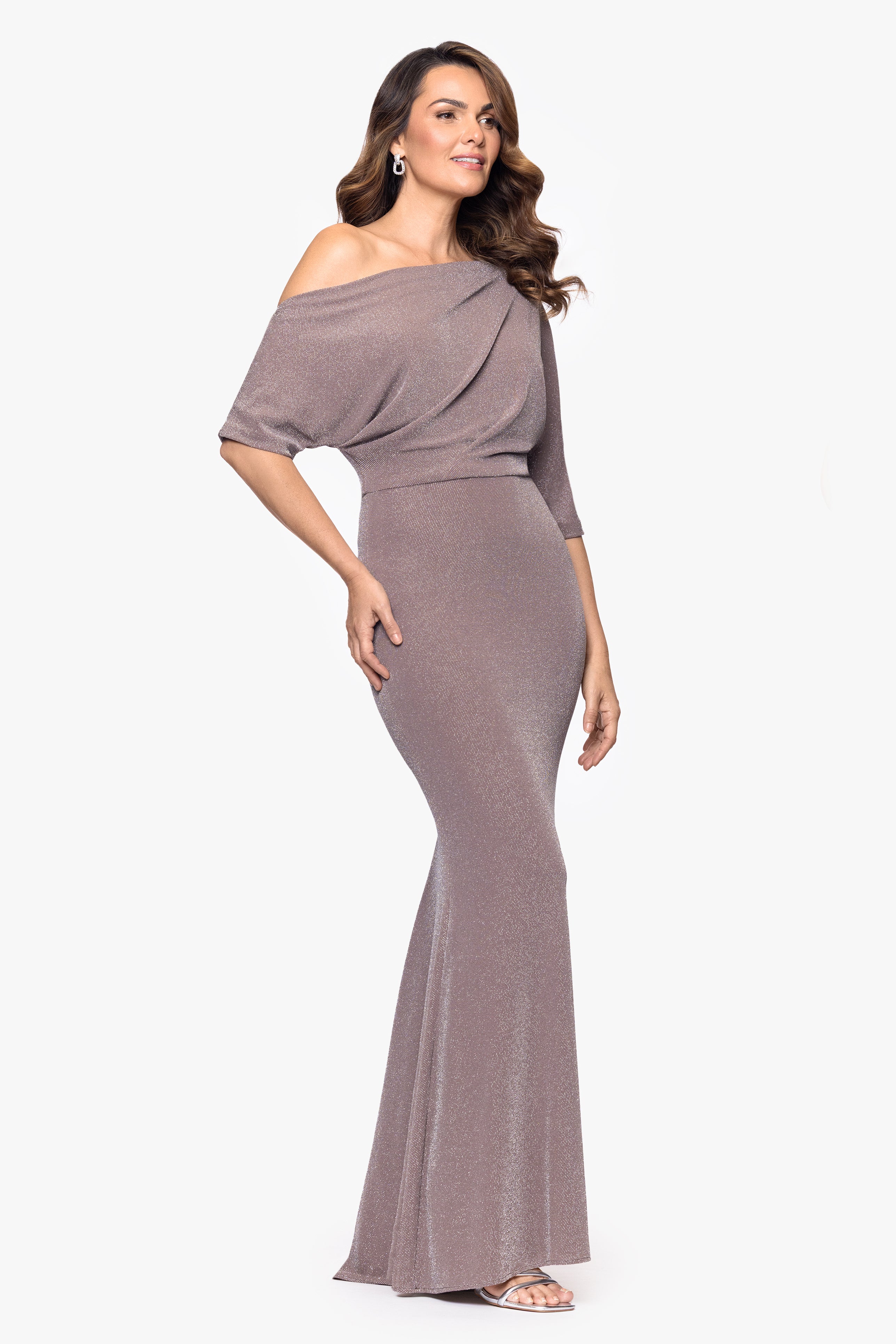 "Trina" Metallic Knit Drop Shoulder Floor Length Dress