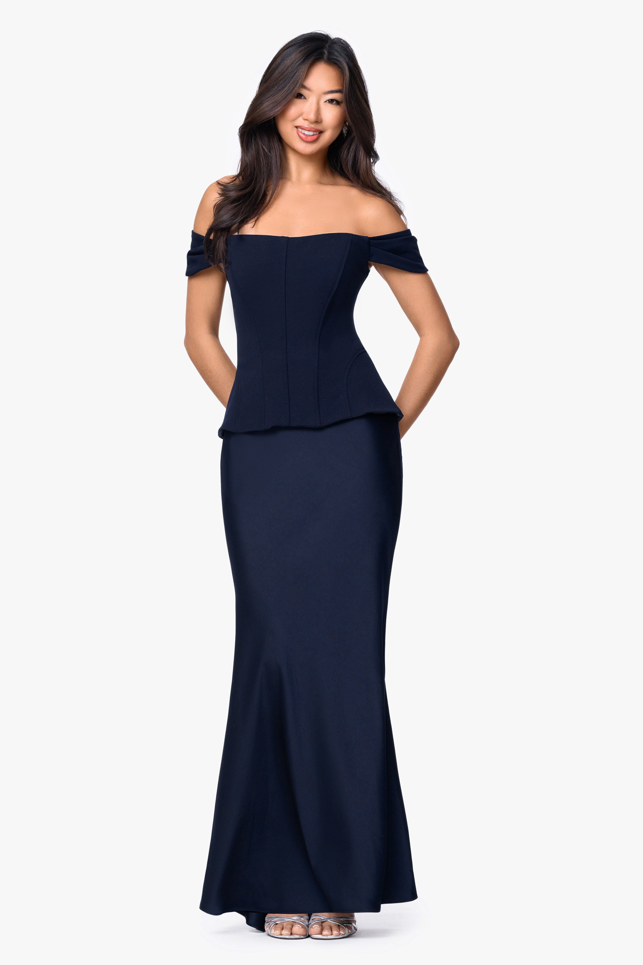 "Amber" Satin and Scuba Crepe Off Shoulder Floor Length Dress