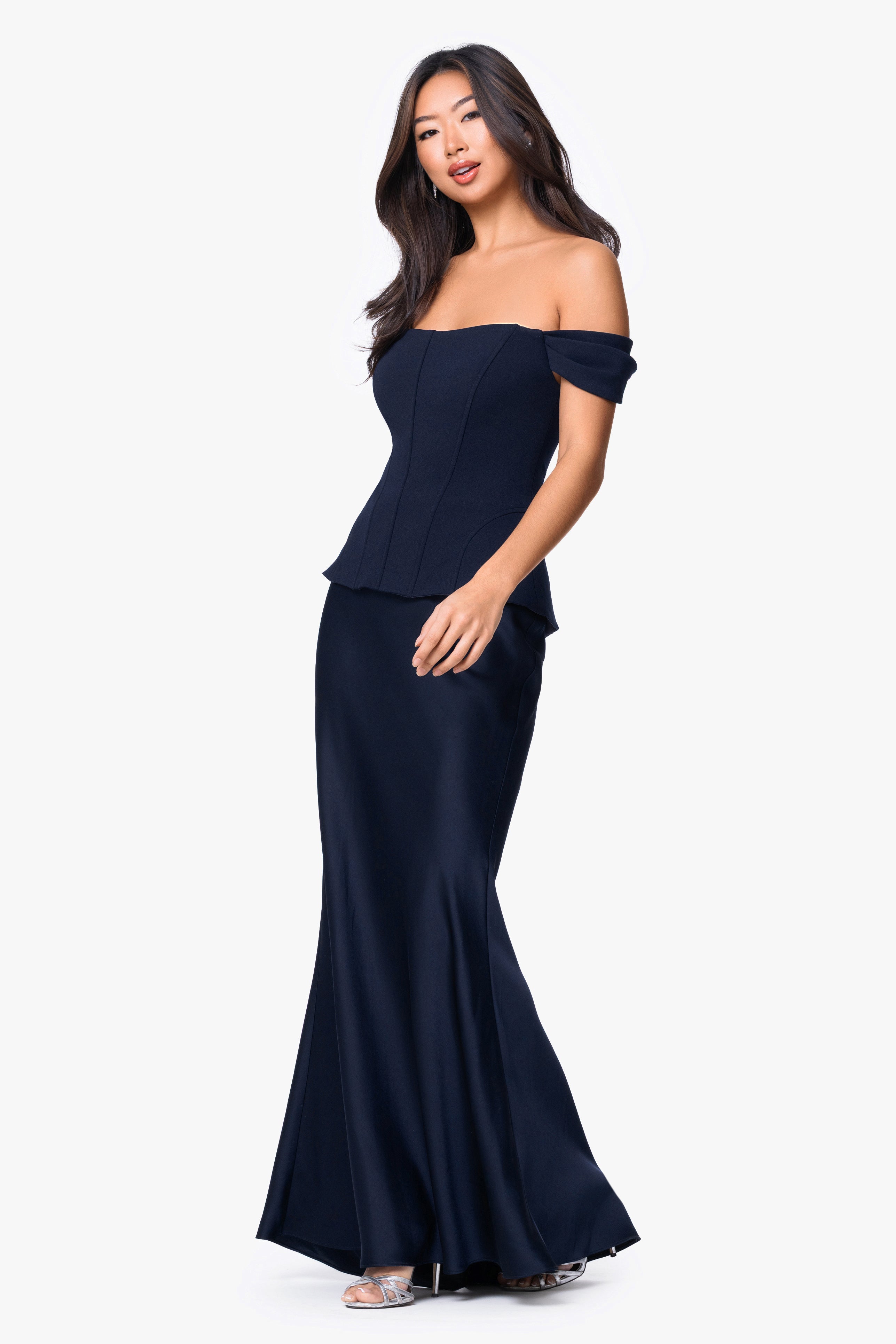 "Amber" Satin and Scuba Crepe Off Shoulder Floor Length Dress