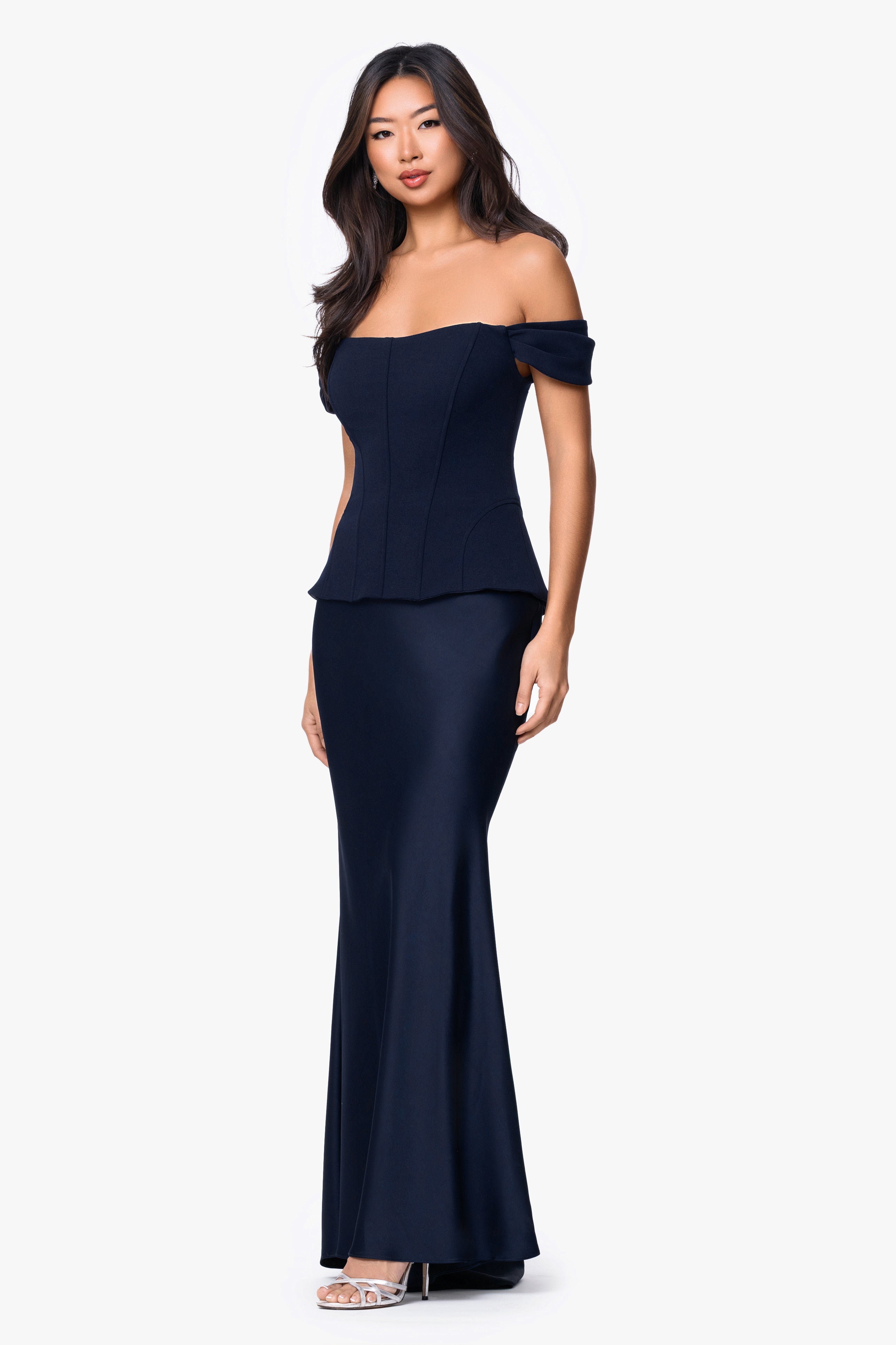 "Amber" Satin and Scuba Crepe Off Shoulder Floor Length Dress