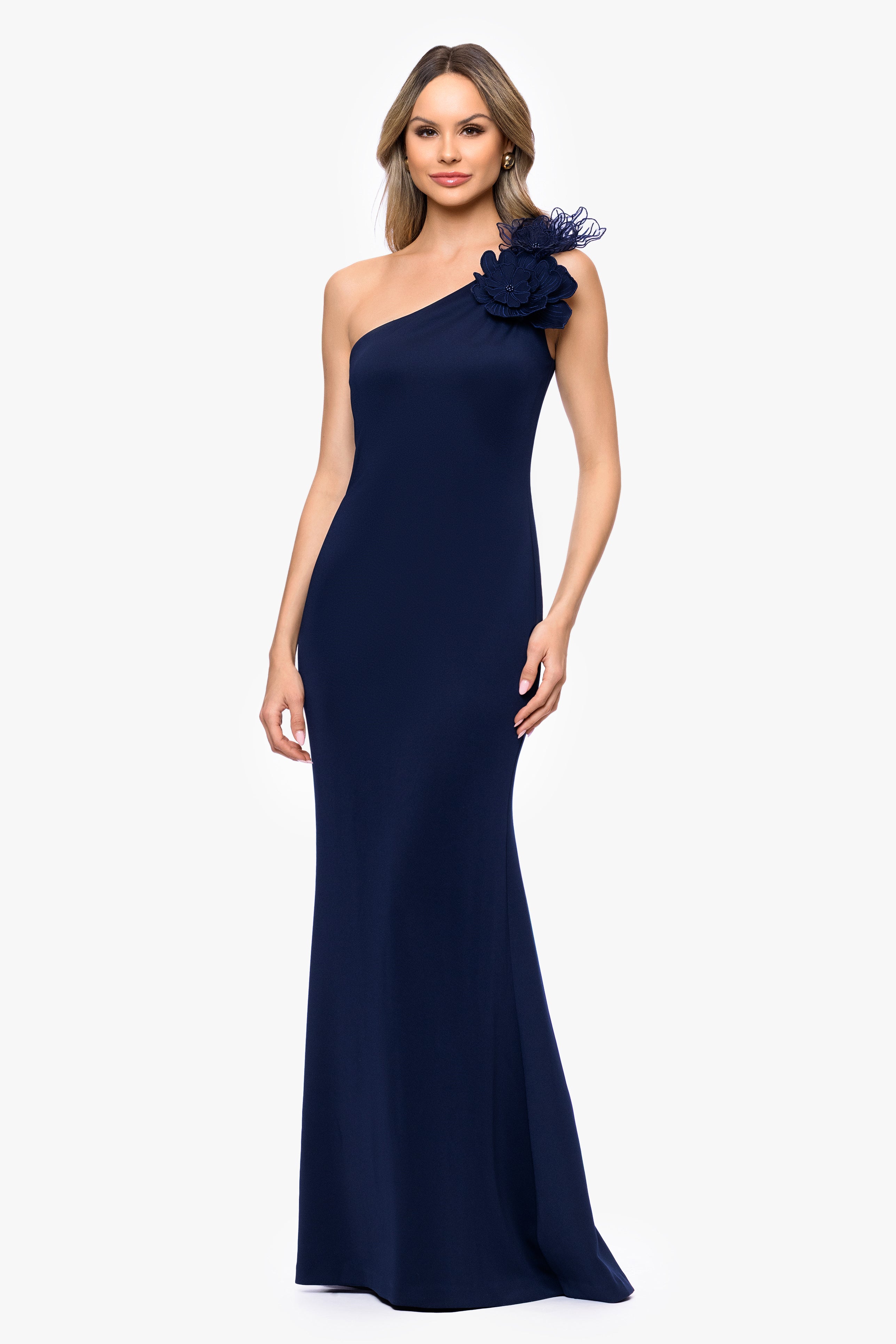 "Raven" Techno Scuba One Shoulder Flower Floor Length Dress