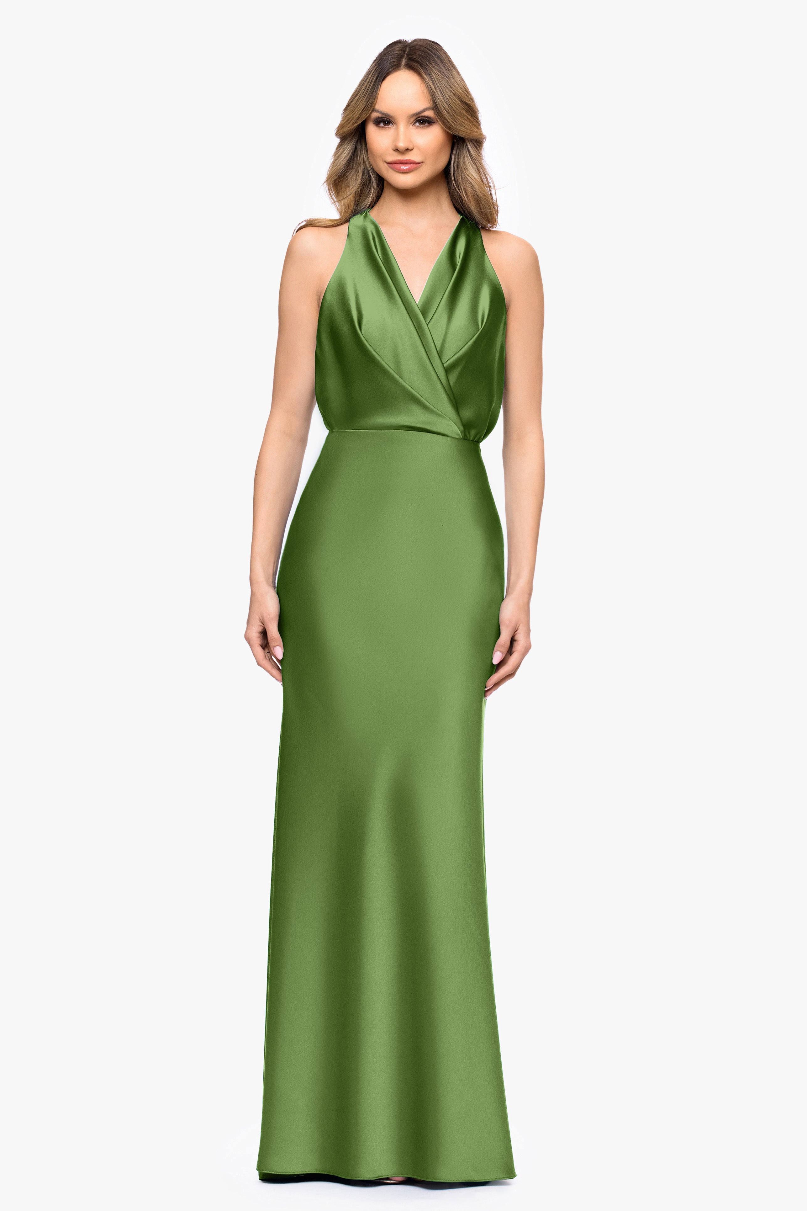 Petite "Zoella" Satin V-Neck Floor Length Dress