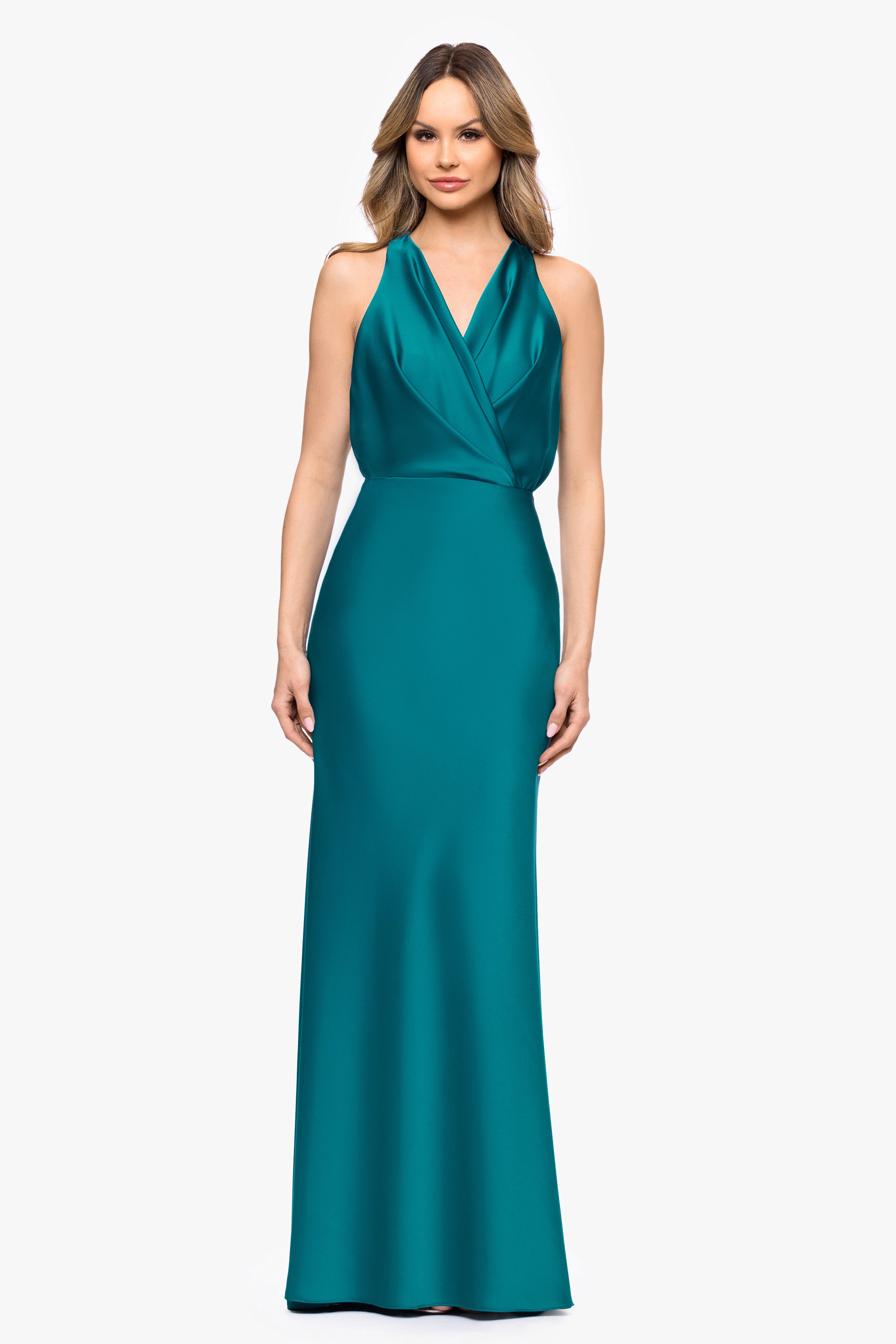 Petite "Zoella" Satin V-Neck Floor Length Dress