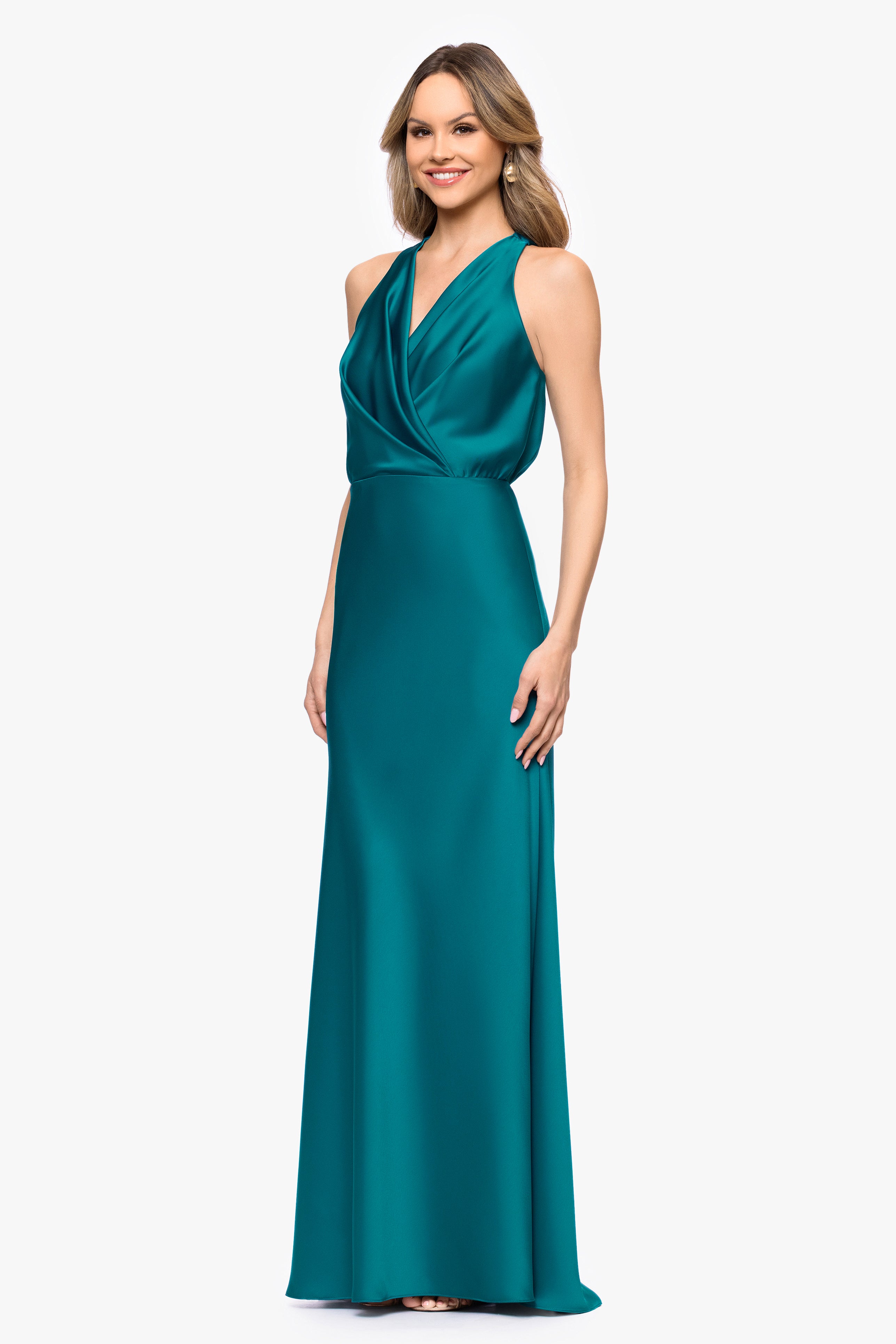 Petite "Zoella" Satin V-Neck Floor Length Dress
