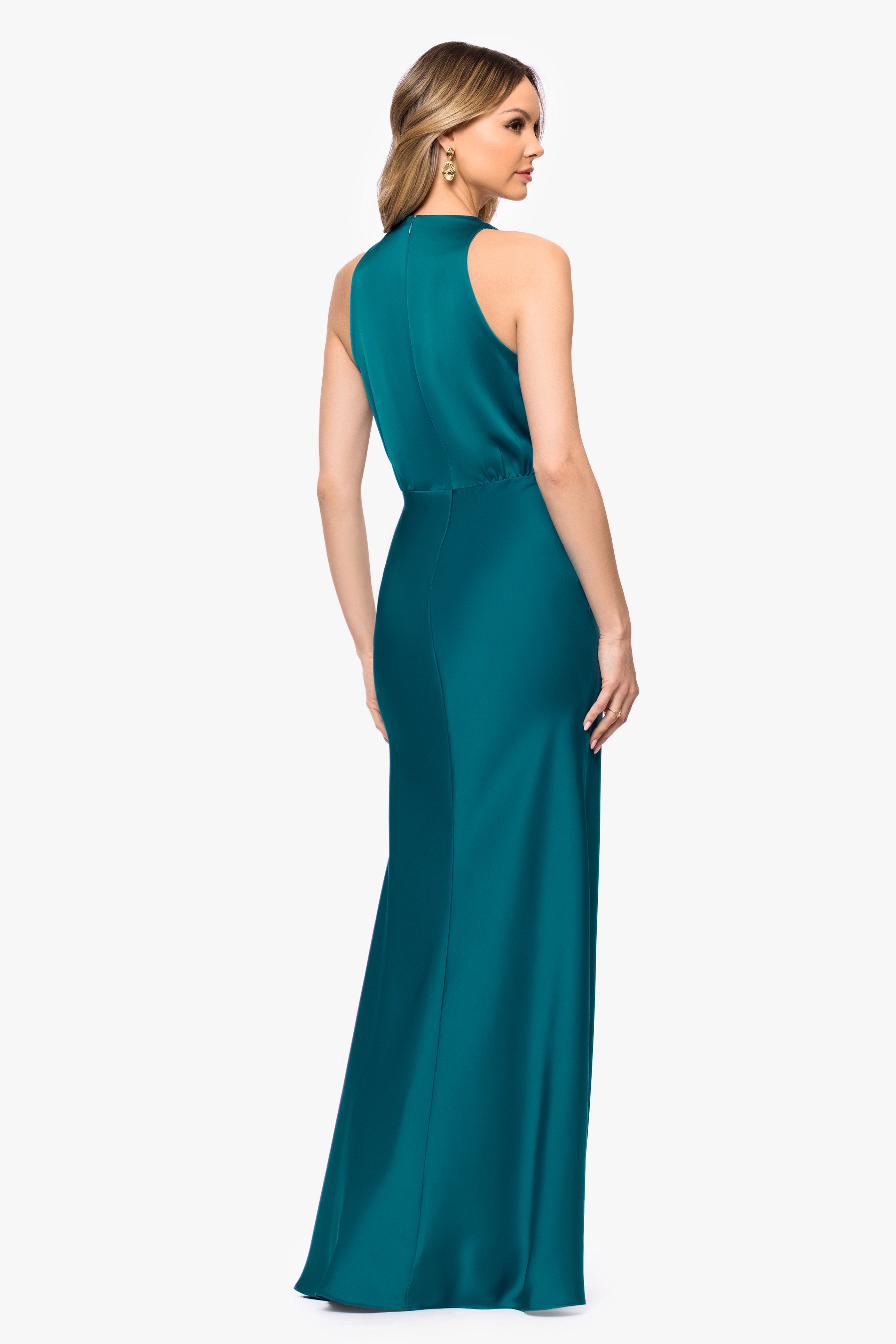 Petite "Zoella" Satin V-Neck Floor Length Dress
