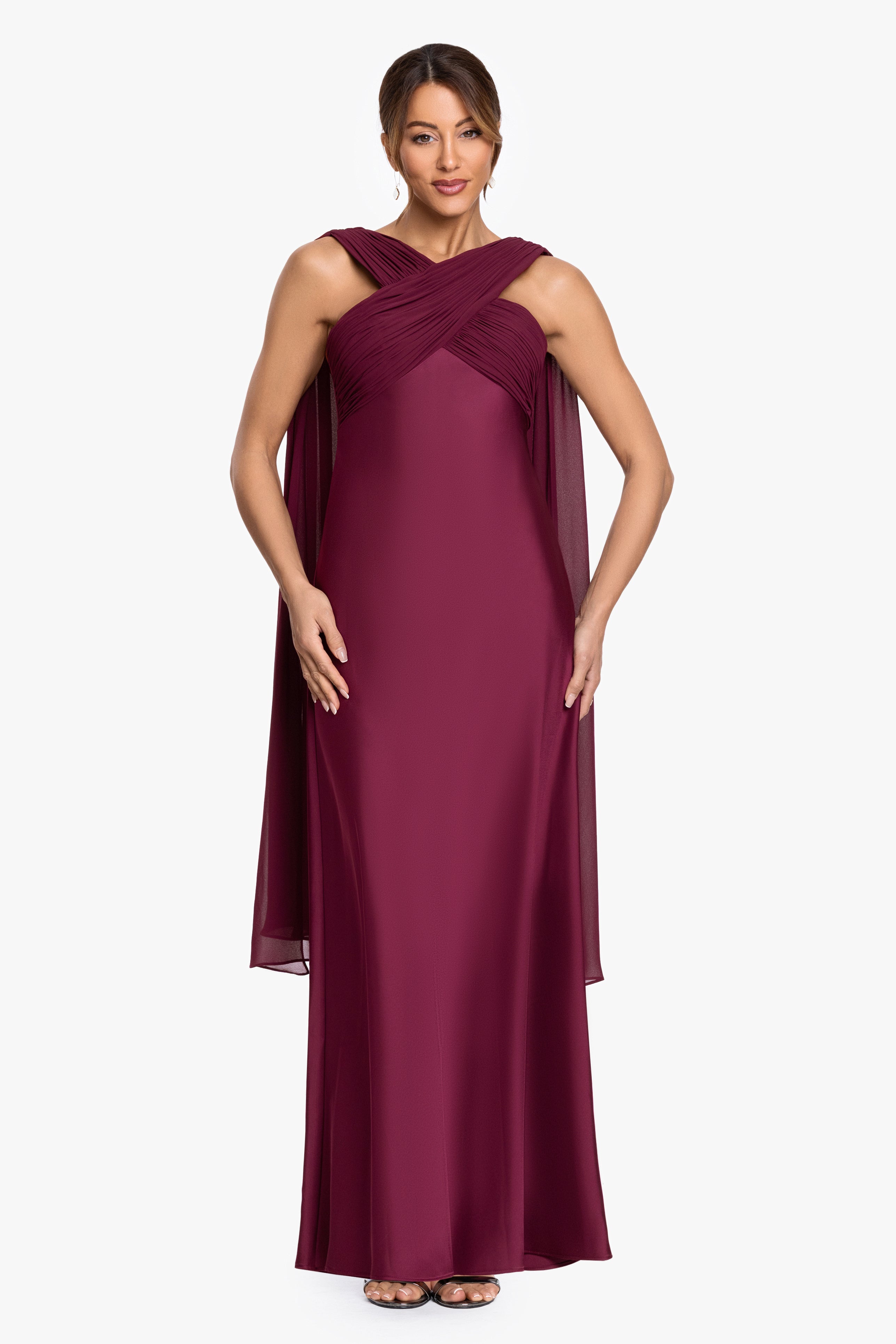 Petite "Amelia" Satin & Chiffon Scarf Halter Long Dress
