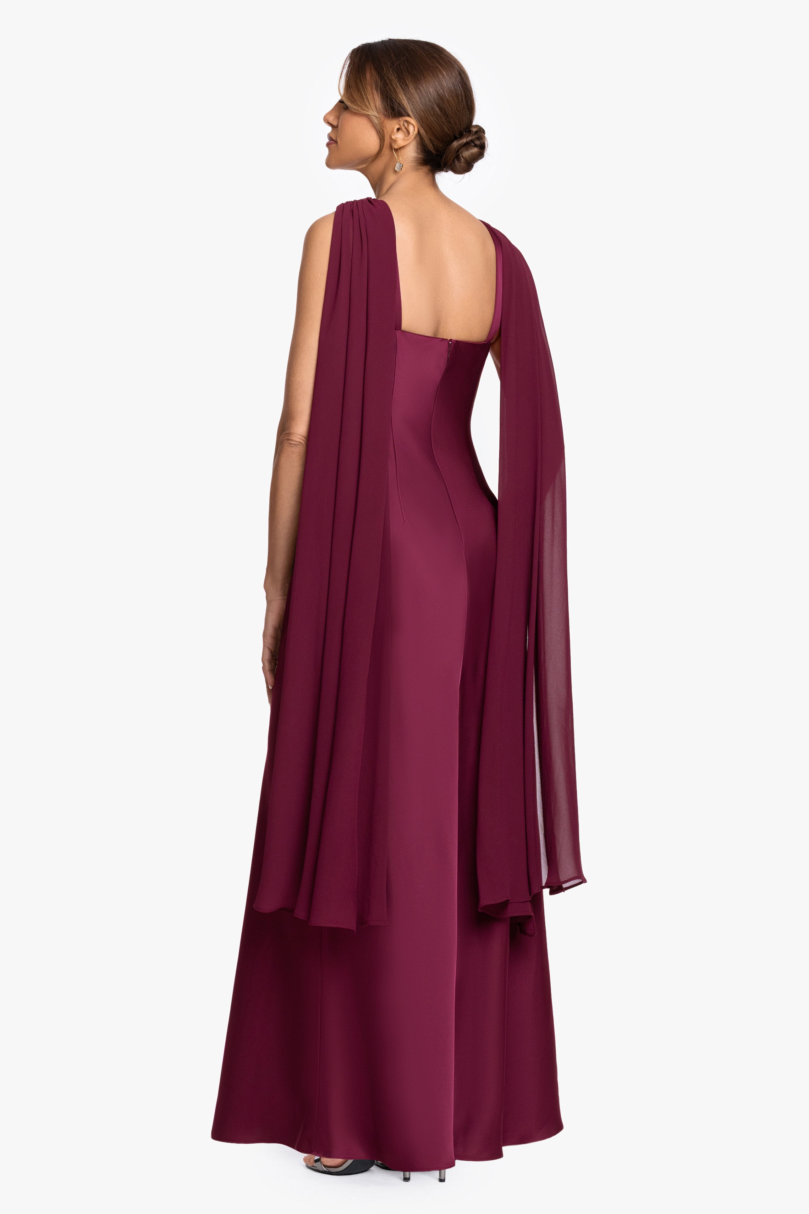 Petite "Amelia" Satin & Chiffon Scarf Halter Long Dress