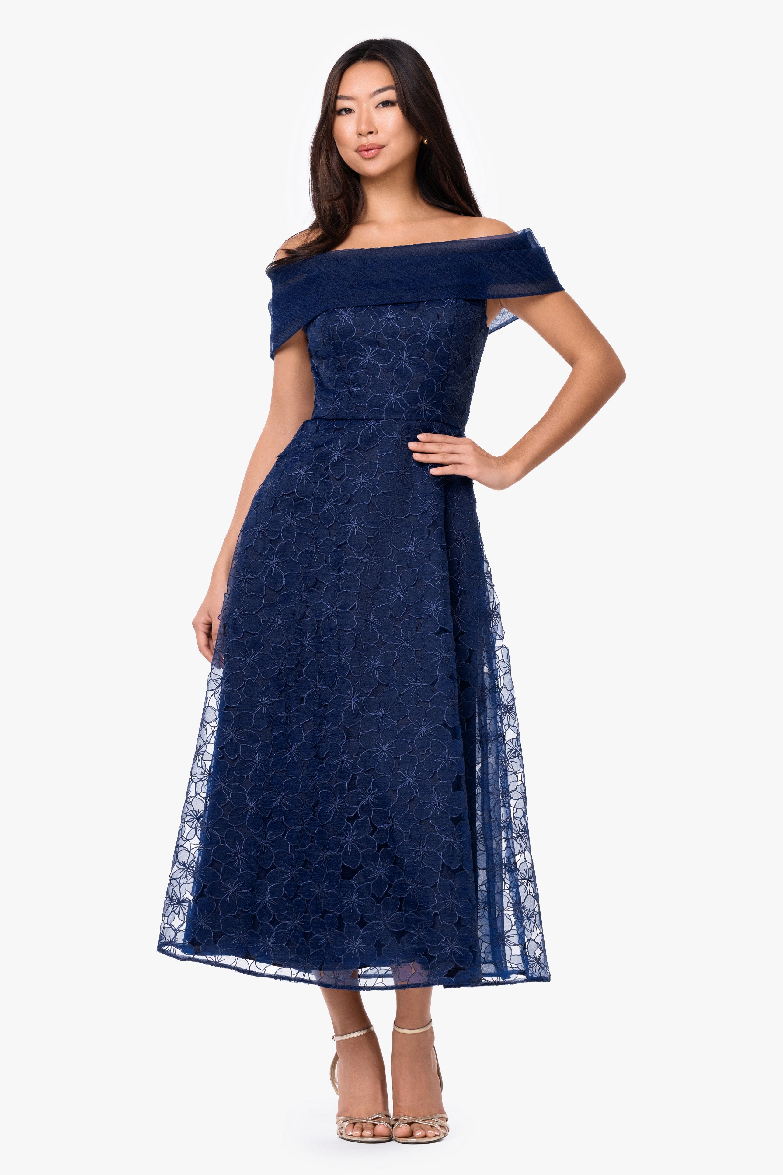 "Tiana" Embellished Gauze Off The Shoulder Midi Gown