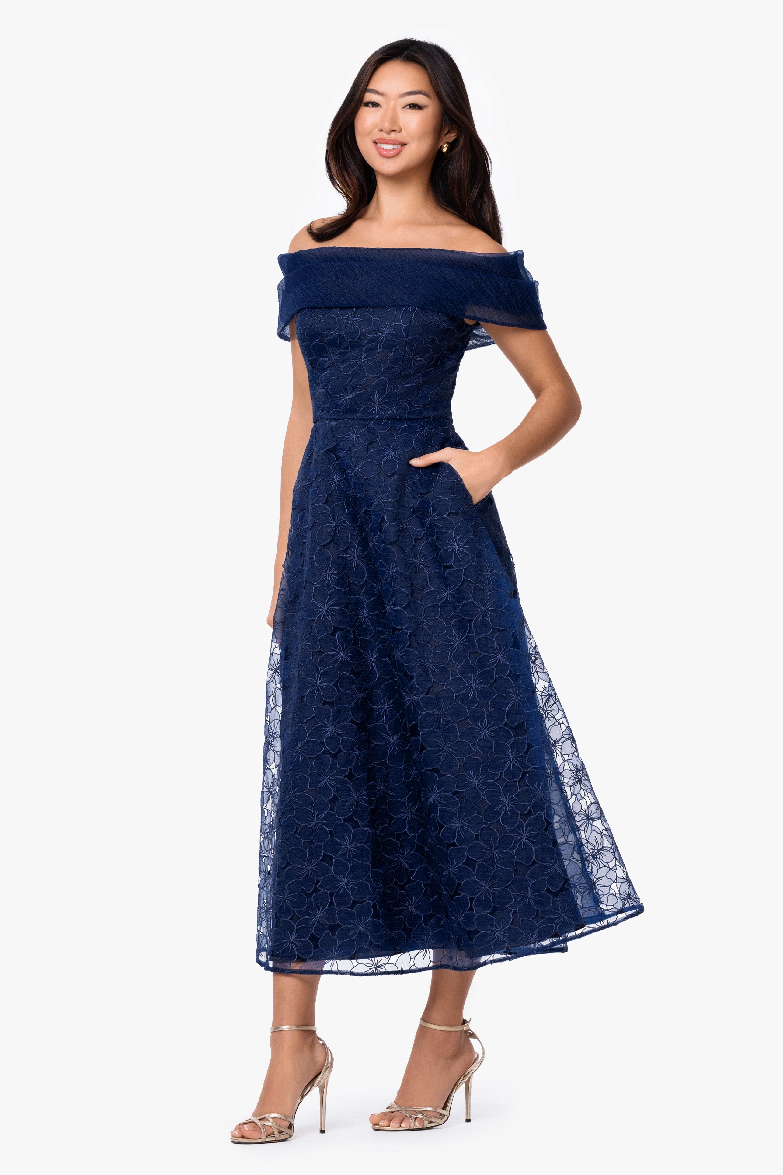 "Tiana" Embellished Gauze Off The Shoulder Midi Gown