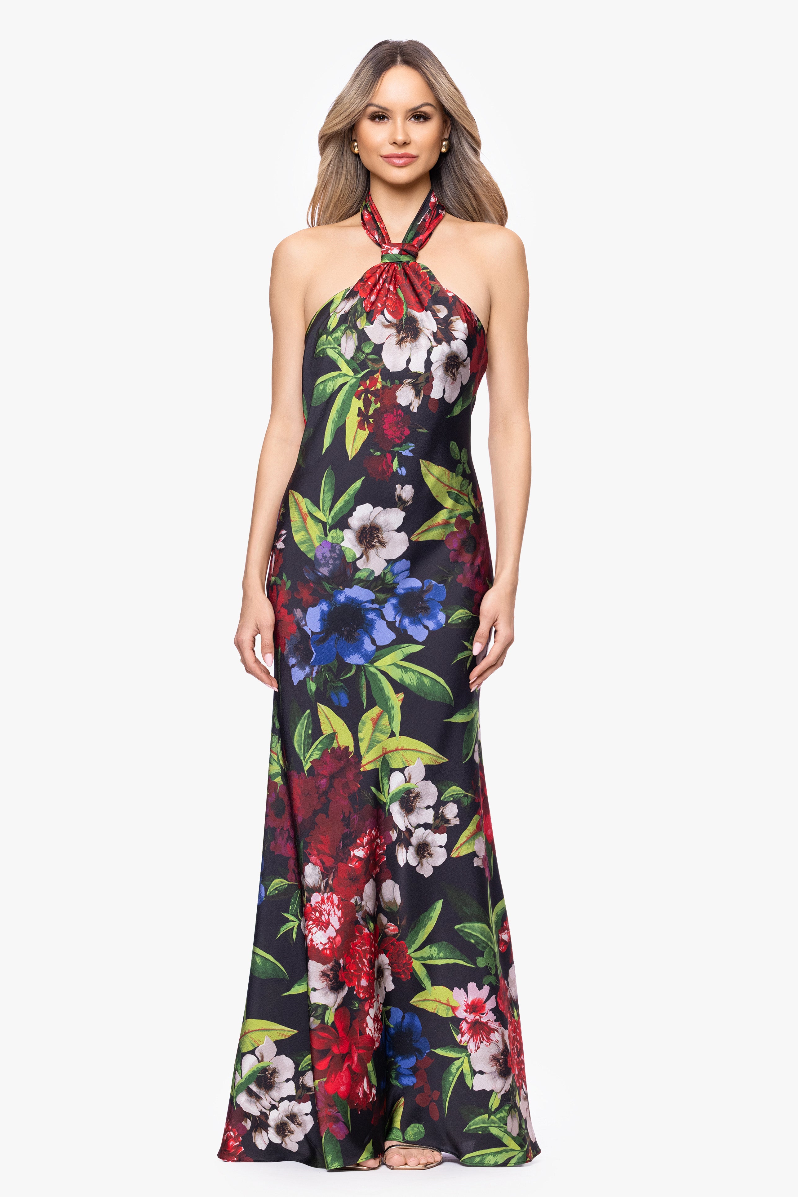 "Cassidy" Satin Floral Print Floor Length Dress
