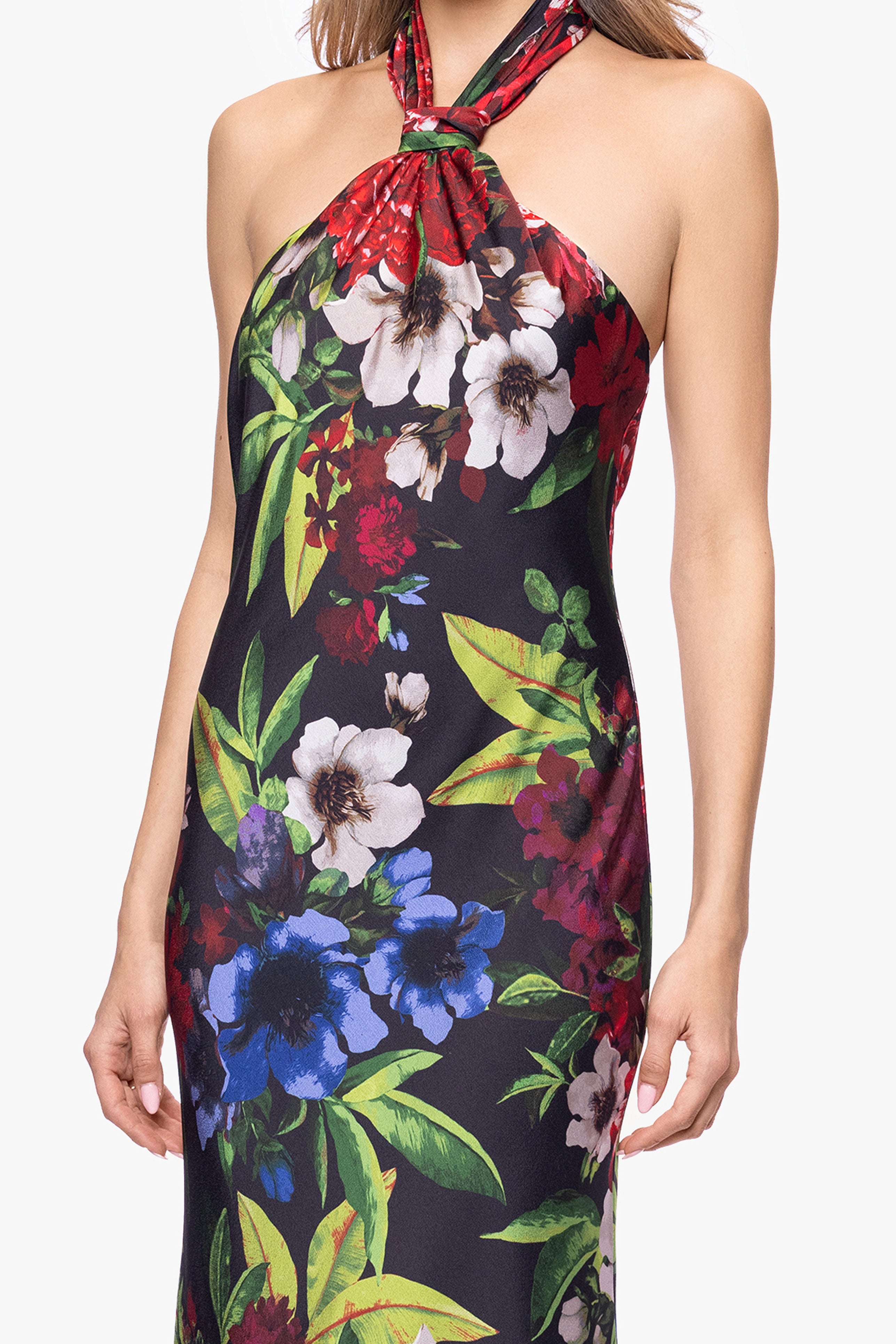 "Cassidy" Satin Floral Print Floor Length Dress
