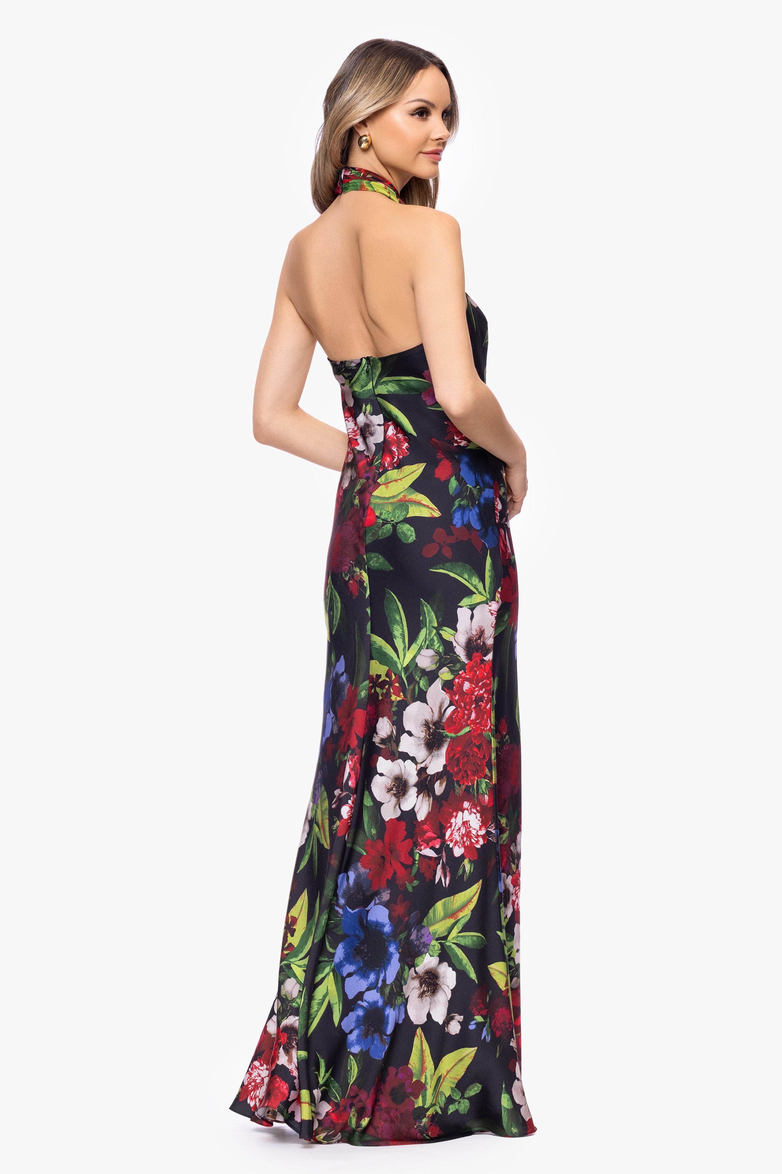 "Cassidy" Satin Floral Print Floor Length Dress