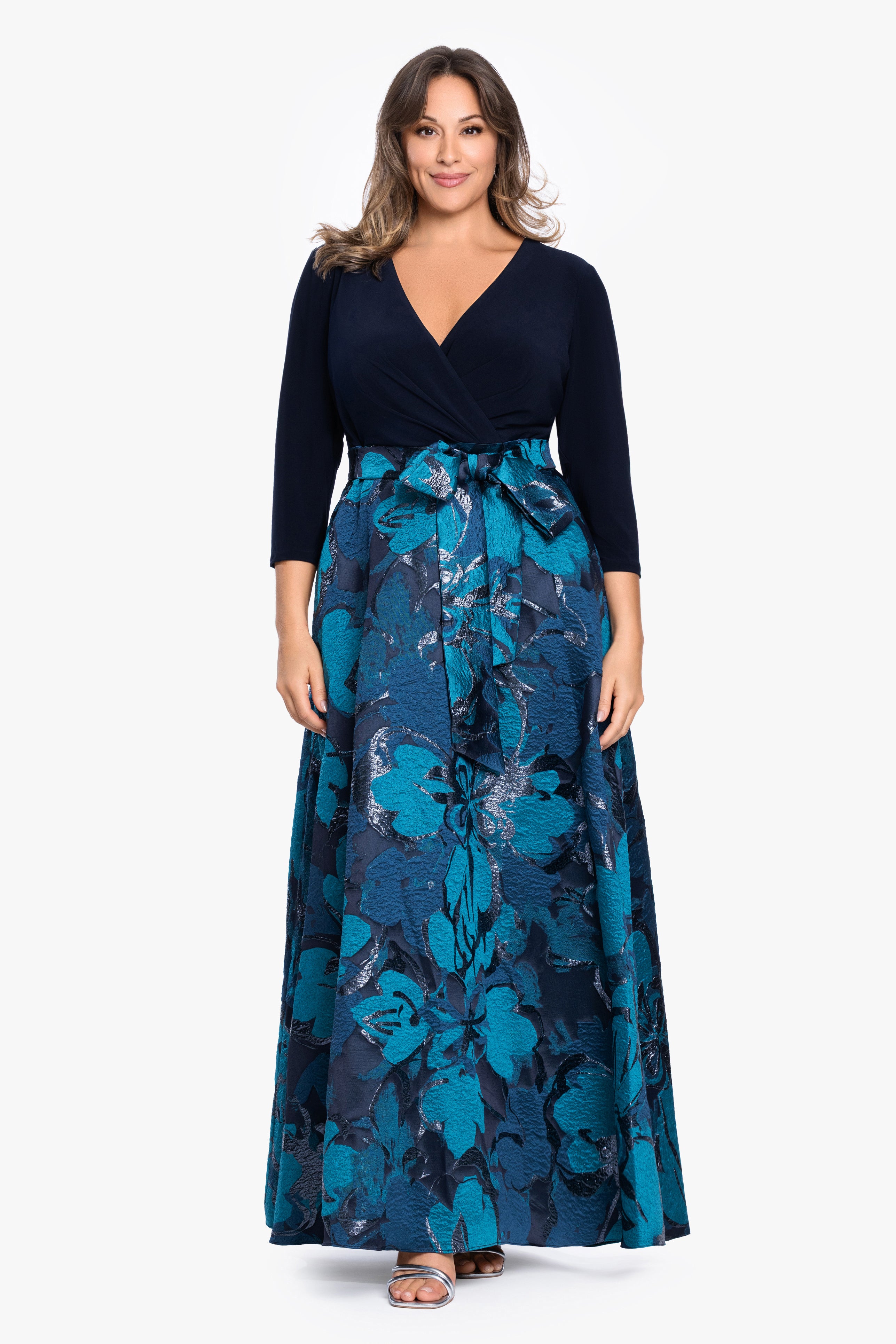 Plus "Abigail" Print Brocade With Jersey Knit Top Gown