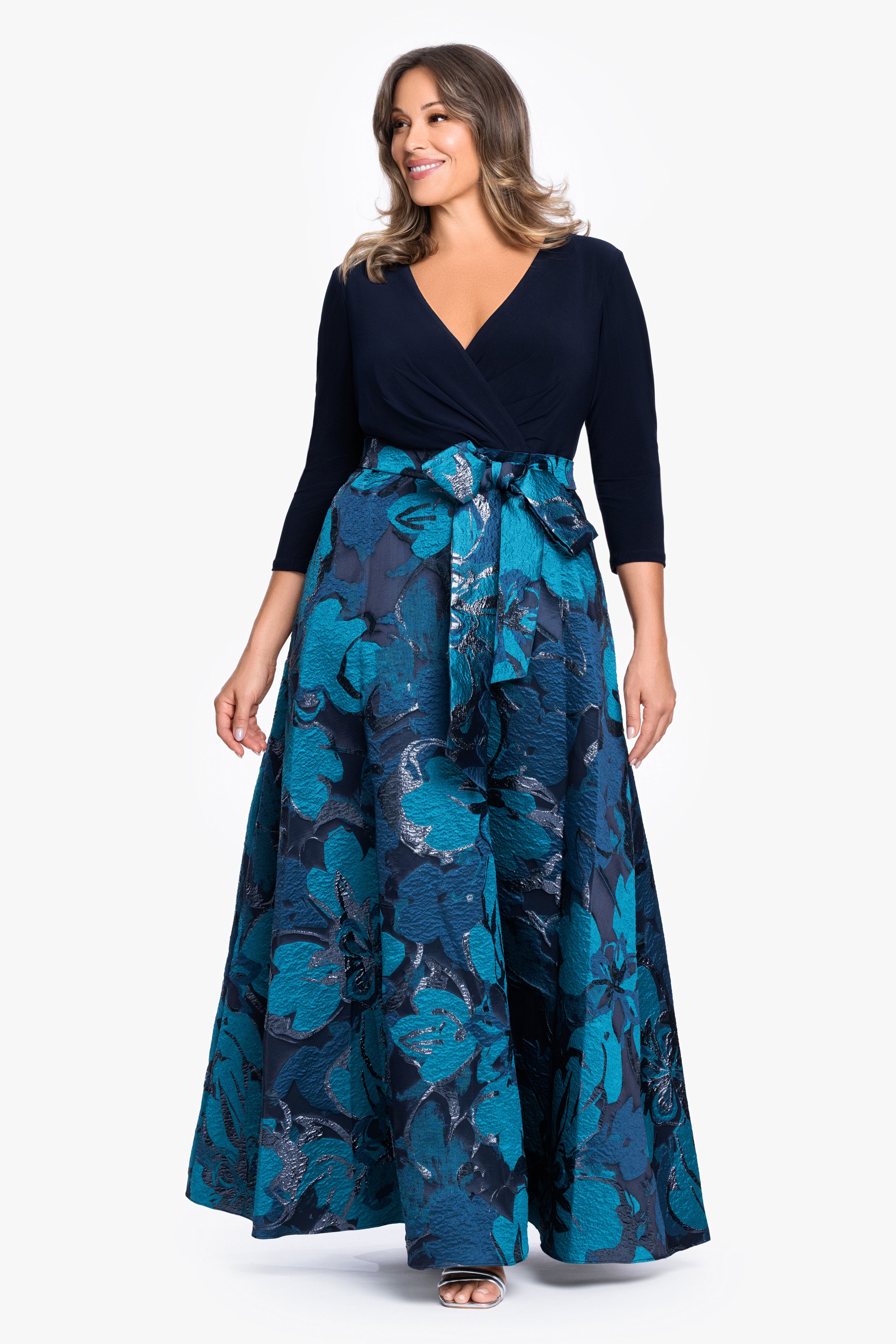 Plus "Abigail" Print Brocade With Jersey Knit Top Gown