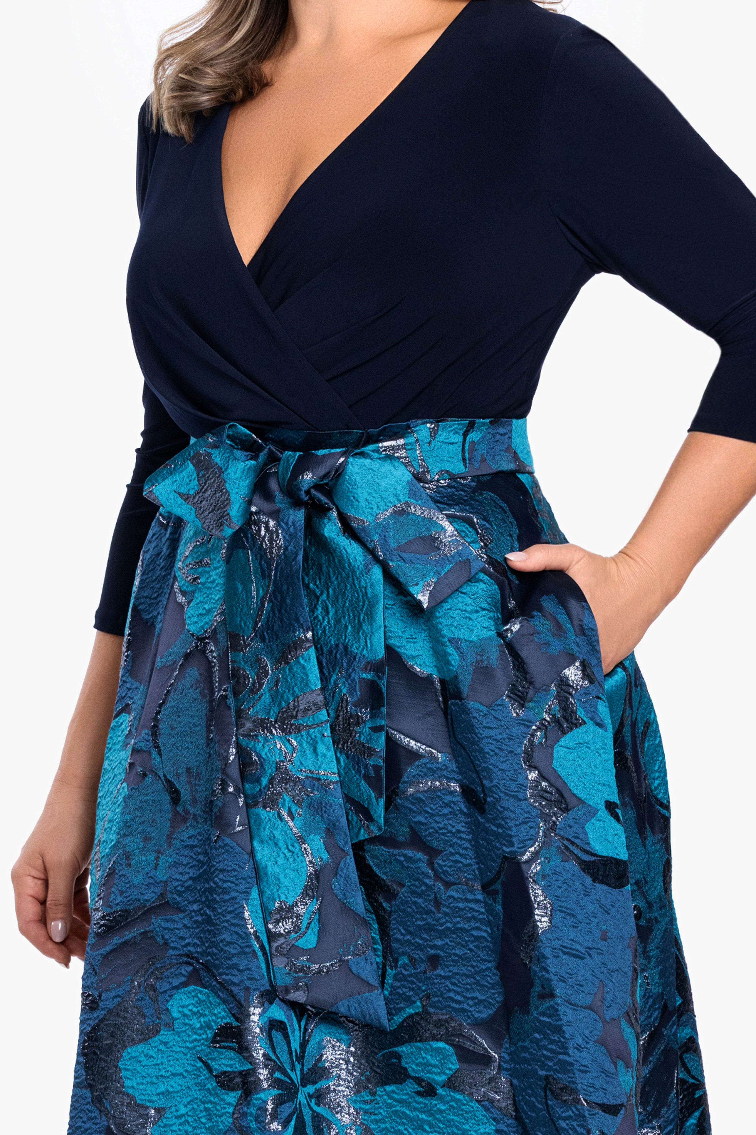 Plus "Abigail" Print Brocade With Jersey Knit Top Gown