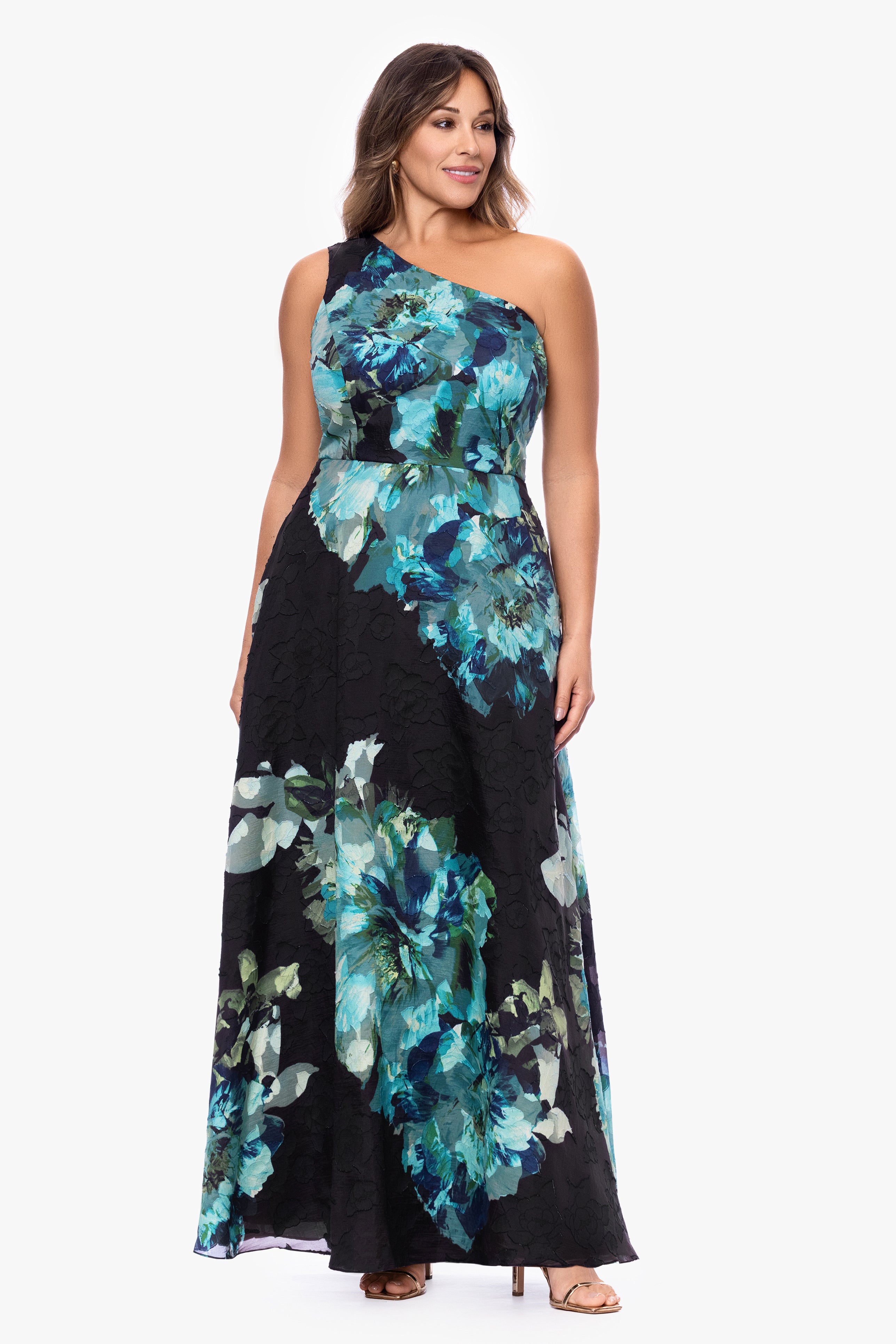 Plus Carli Organza Jacquard Burnout One Shoulder Floor Length Dress | Betsy & Adam Black/Teal / 16W Plus Carli Organza Jacquard Burnout One Shoulder Floor Length Dress | Betsy & Adam Black/Teal / 16W