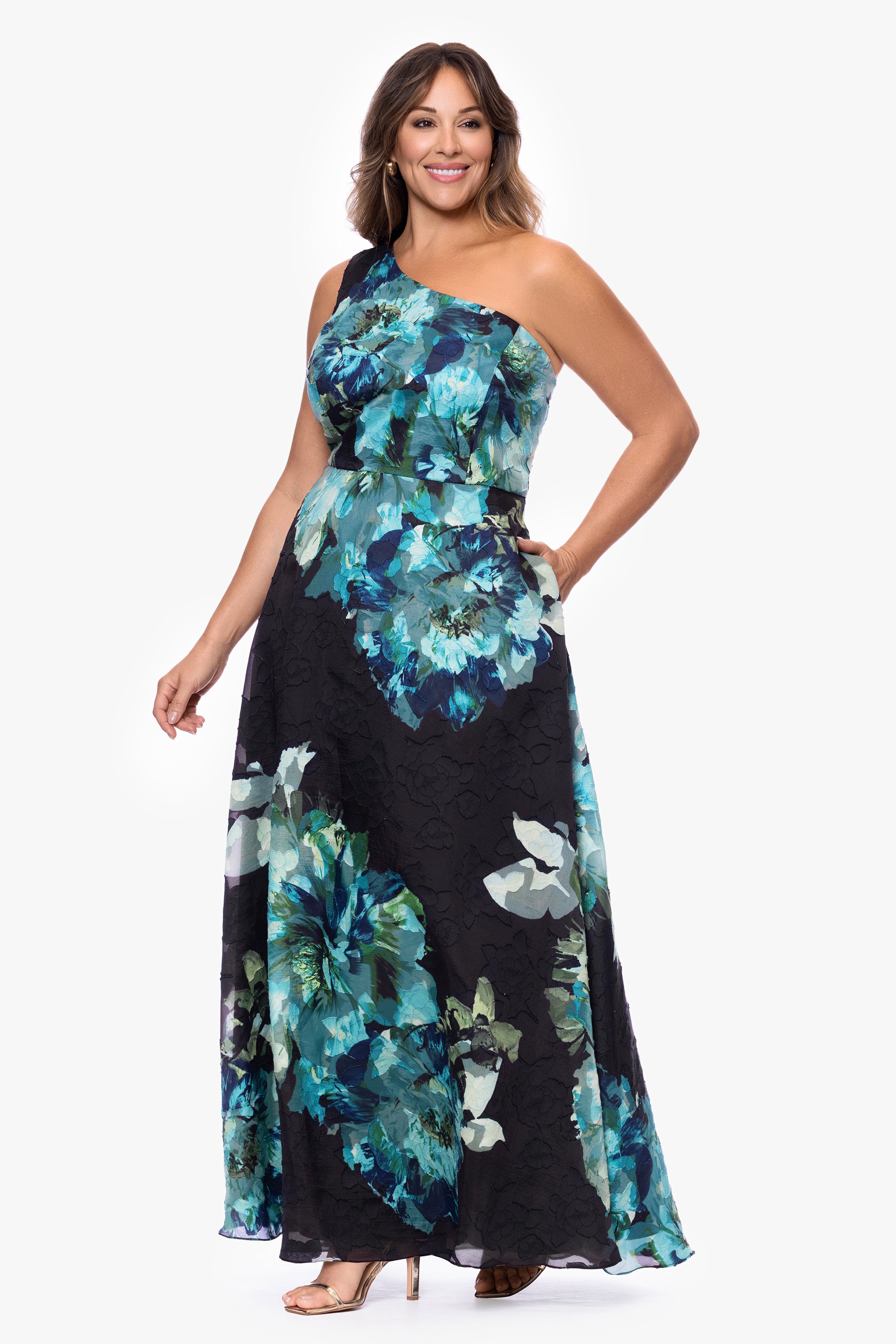 "Carli" Plus Organza Jacquard Burnout One Shoulder Dress