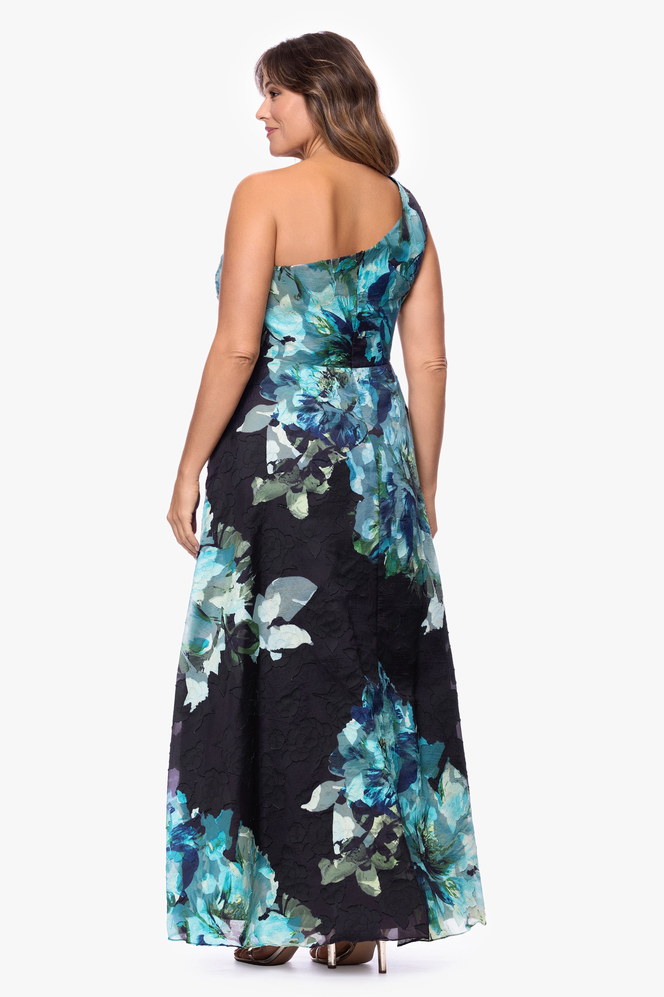 "Carli" Plus Organza Jacquard Burnout One Shoulder Dress