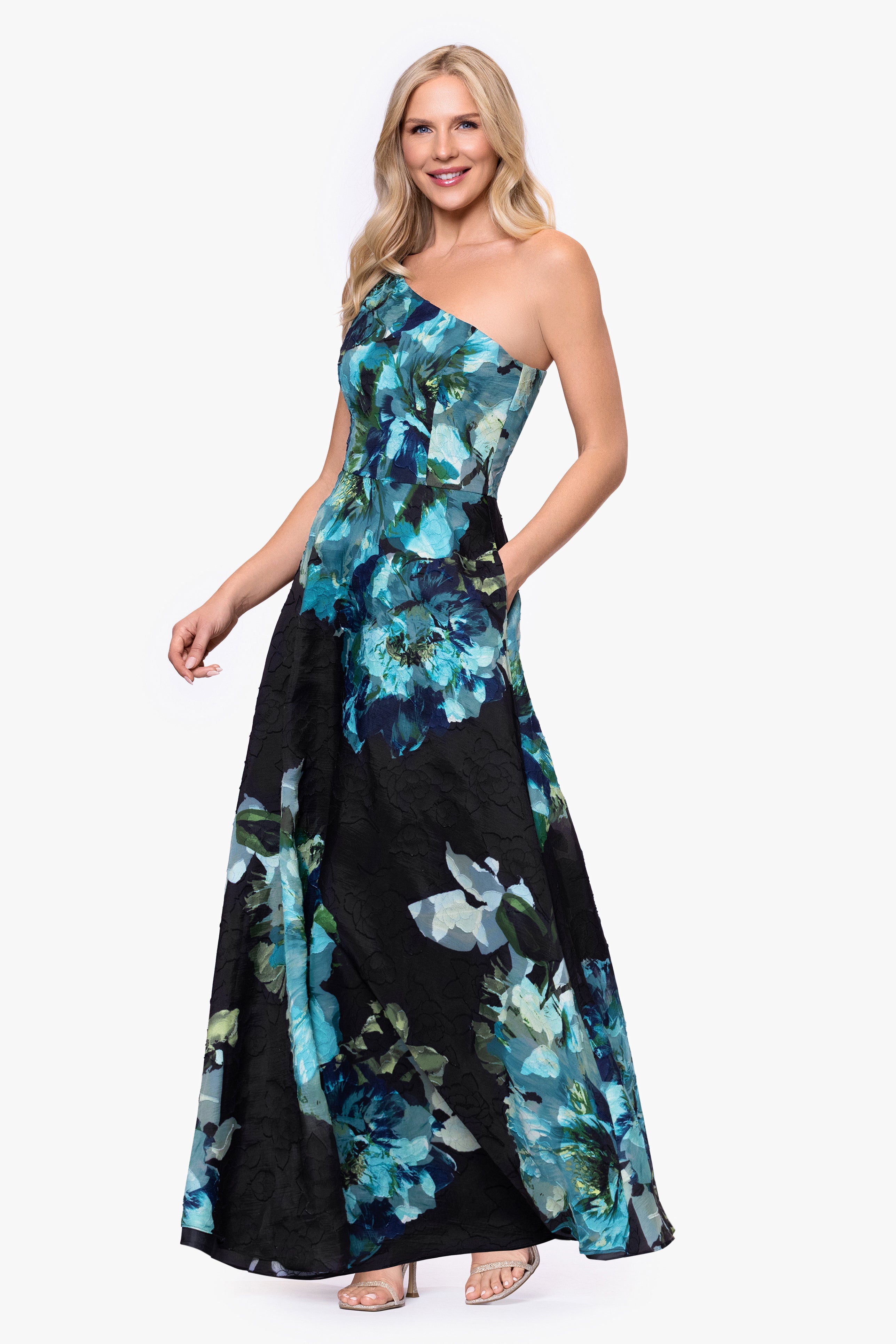Petite "Carli" Organza Jacquard Burnout One Shoulder Floor Length Dress