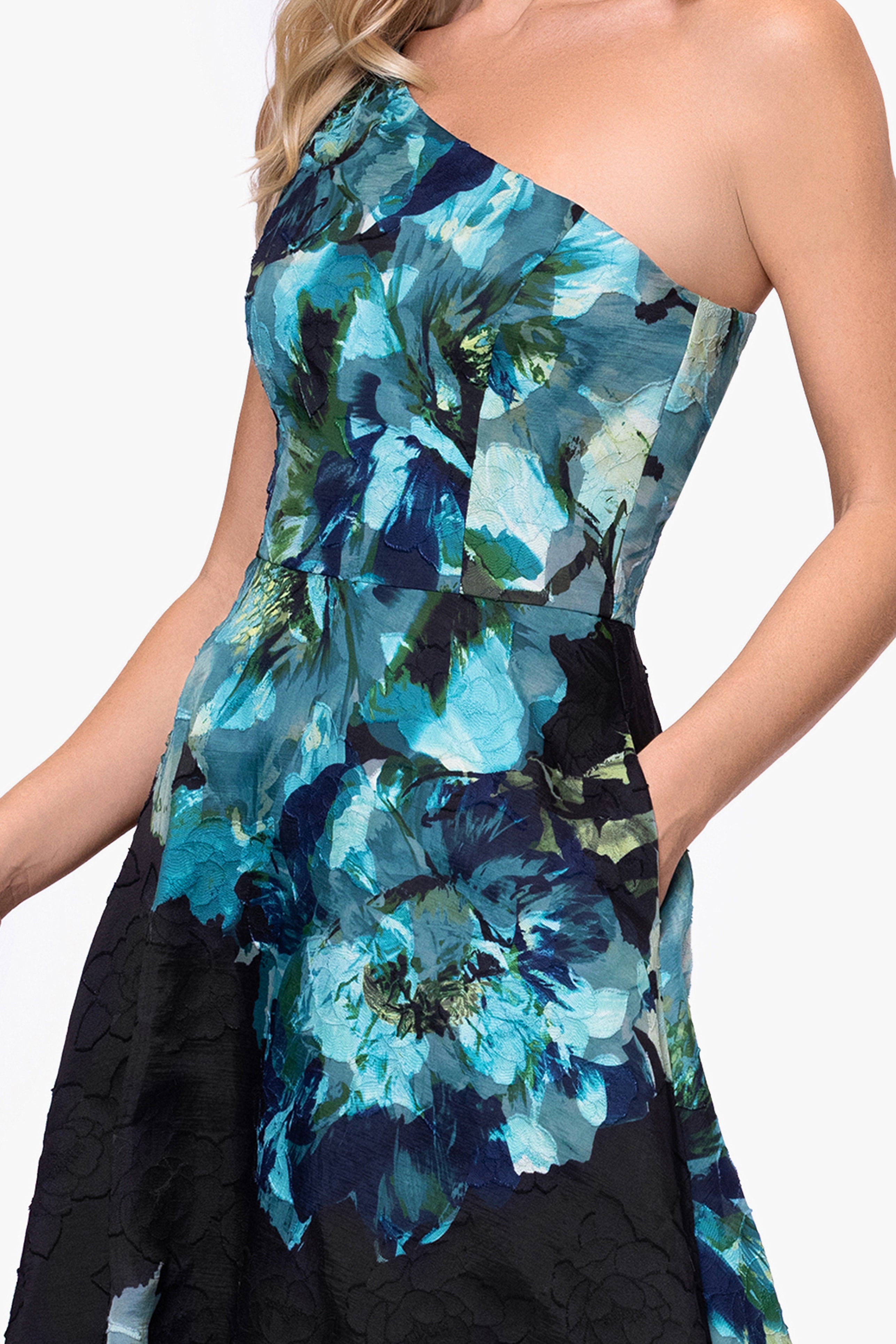 Petite "Carli" Organza Jacquard Burnout One Shoulder Floor Length Dress