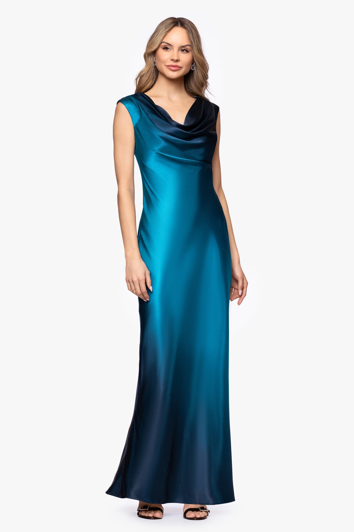 "Annika" Ombre Satin Drape Neck Dress